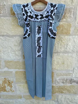 Pinstripe with B/W Embroidery Flutter Sleeve Felicia Long Dress - M