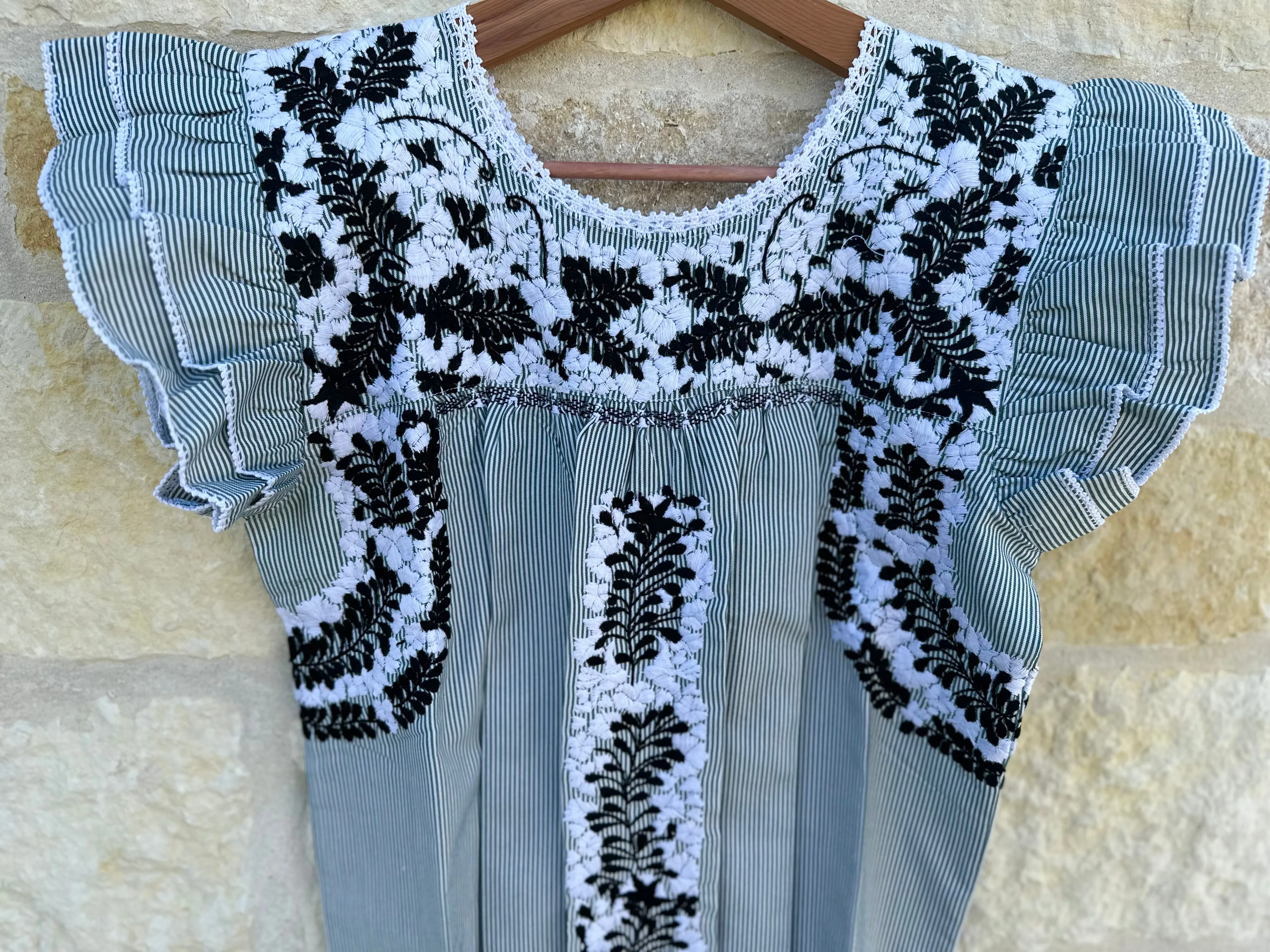 Pinstripe with B/W Embroidery Flutter Sleeve Felicia Long Dress - M