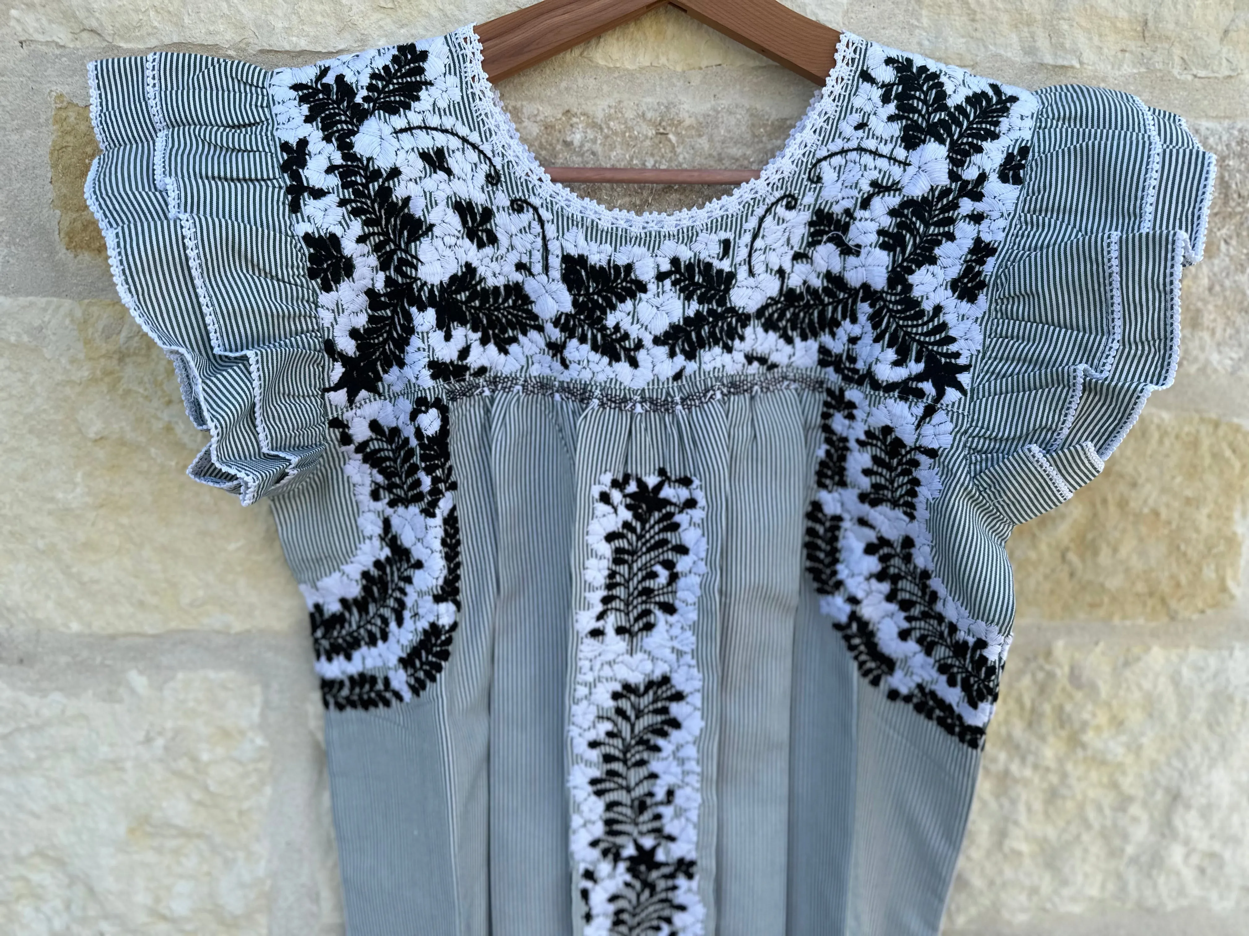 Pinstripe with B/W Embroidery Flutter Sleeve Felicia Long Dress - M