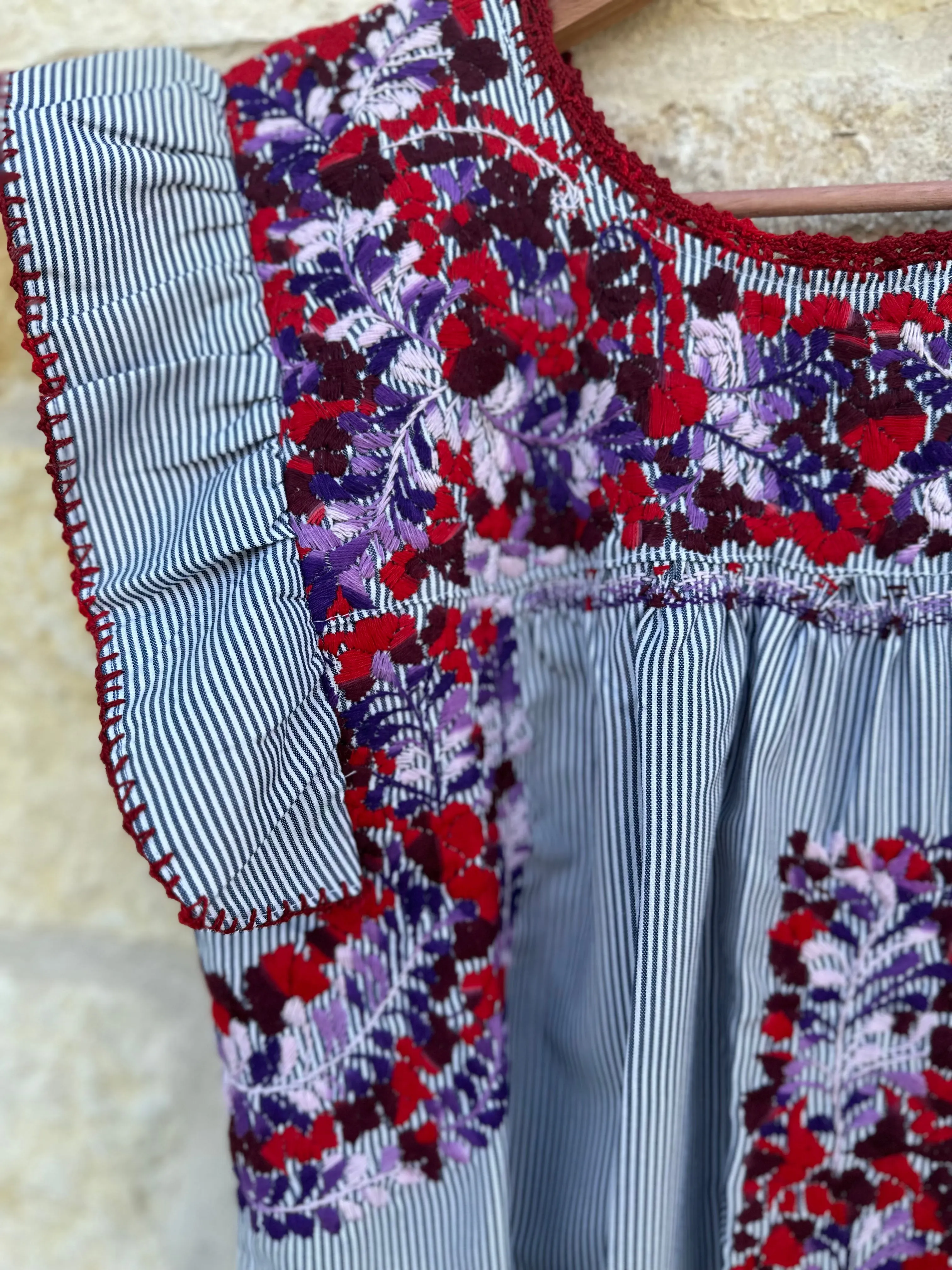 Pinstripe with Purple, Lavender and Red Embroidery Flutter Sleeve Felicia Dress - M/L