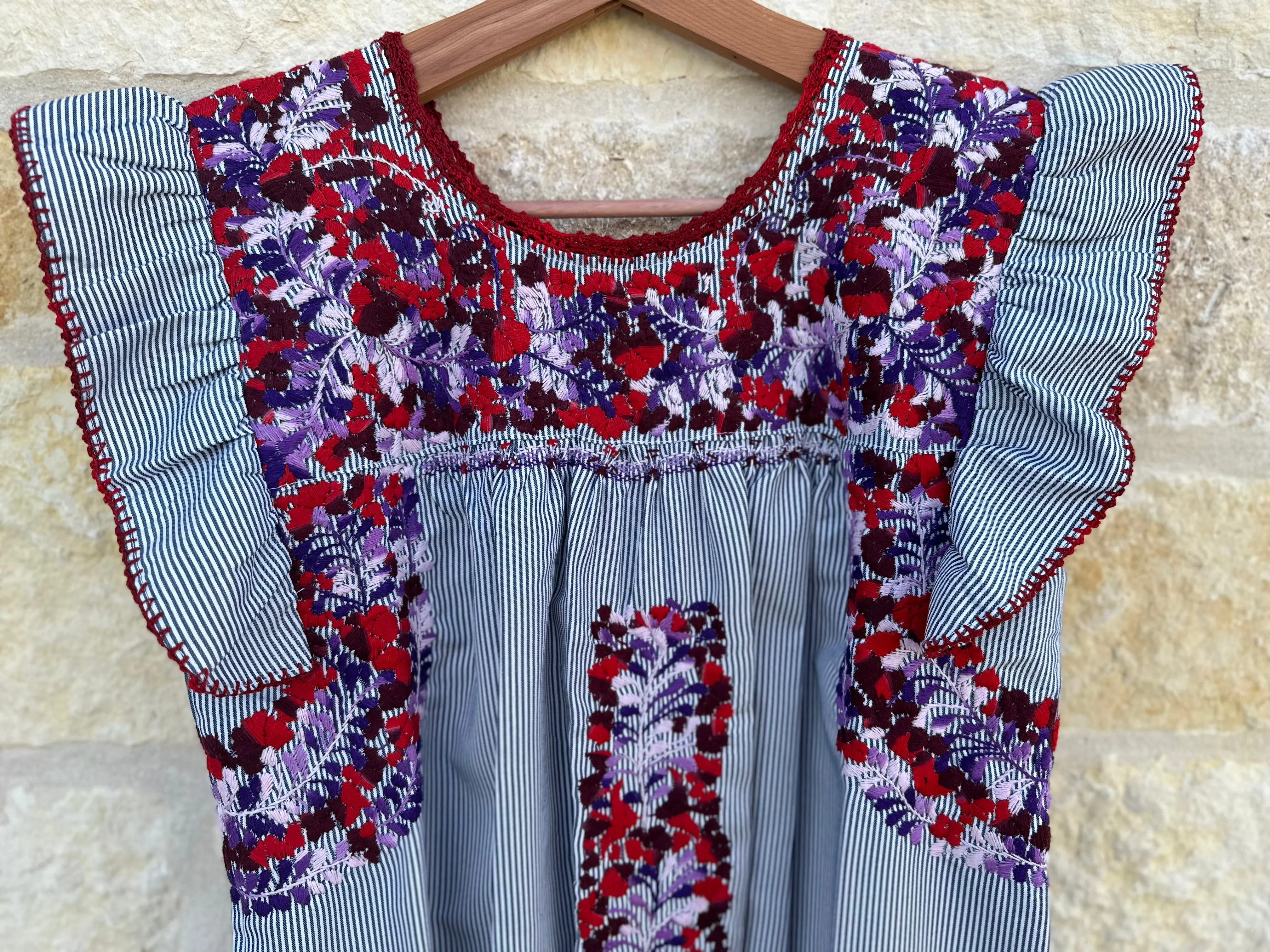 Pinstripe with Purple, Lavender and Red Embroidery Flutter Sleeve Felicia Dress - M/L