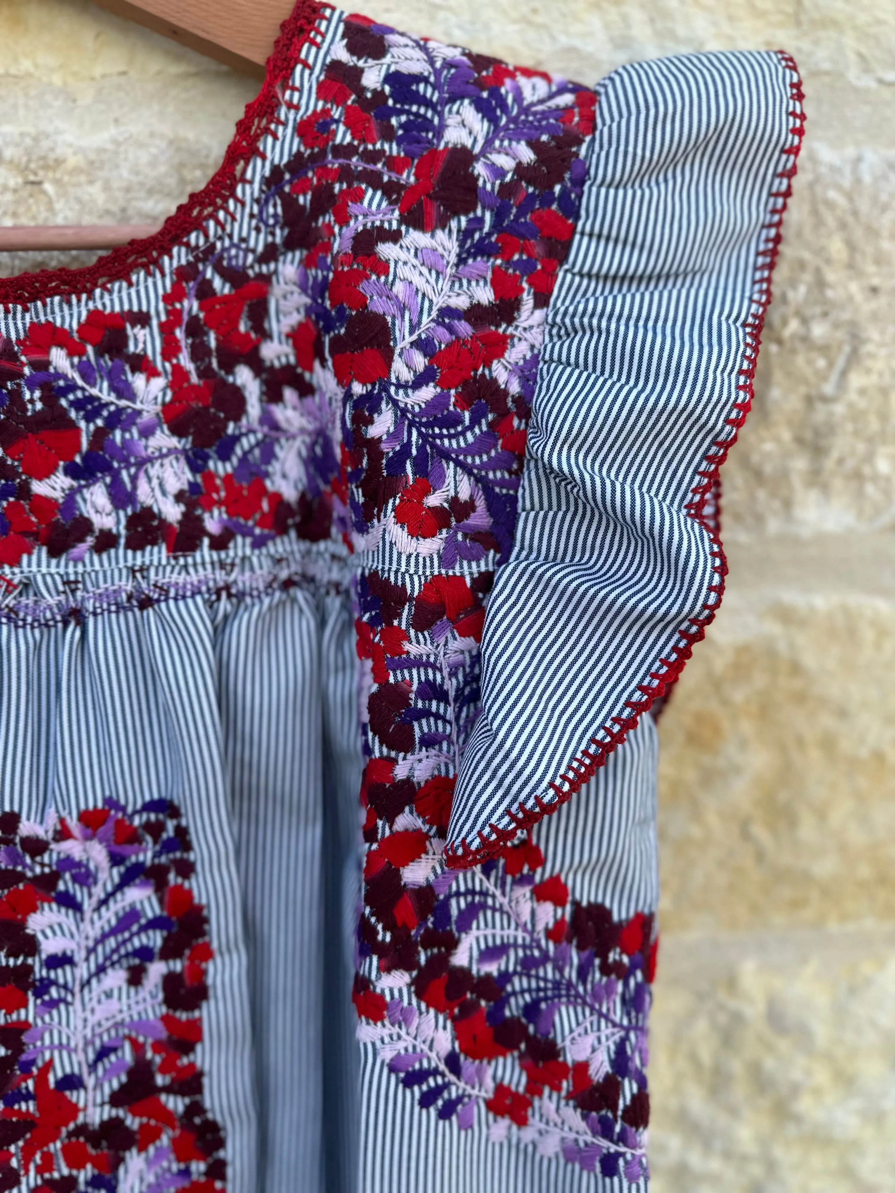 Pinstripe with Purple, Lavender and Red Embroidery Flutter Sleeve Felicia Dress - M/L