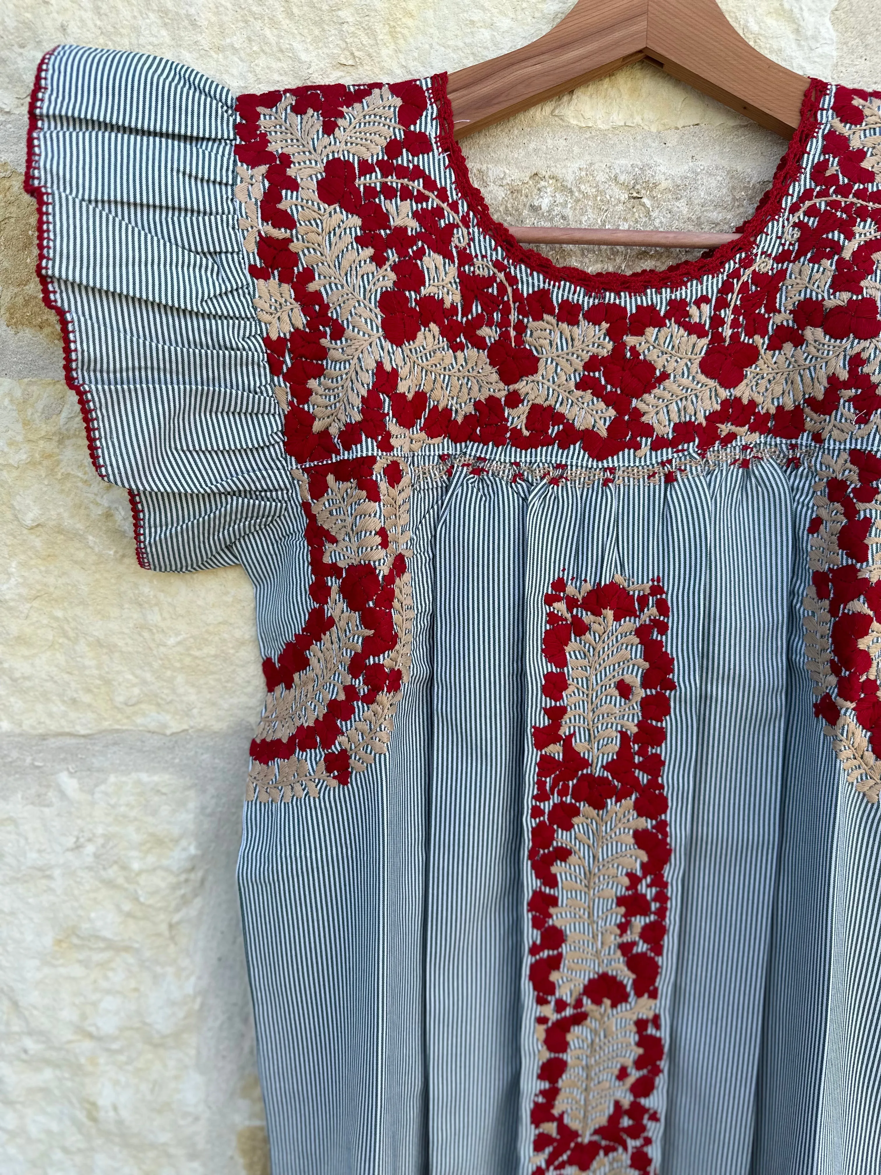 Pinstripe with Red and Tan Embroidery Flutter Sleeve Felicia Dust Ruffle Dress - M