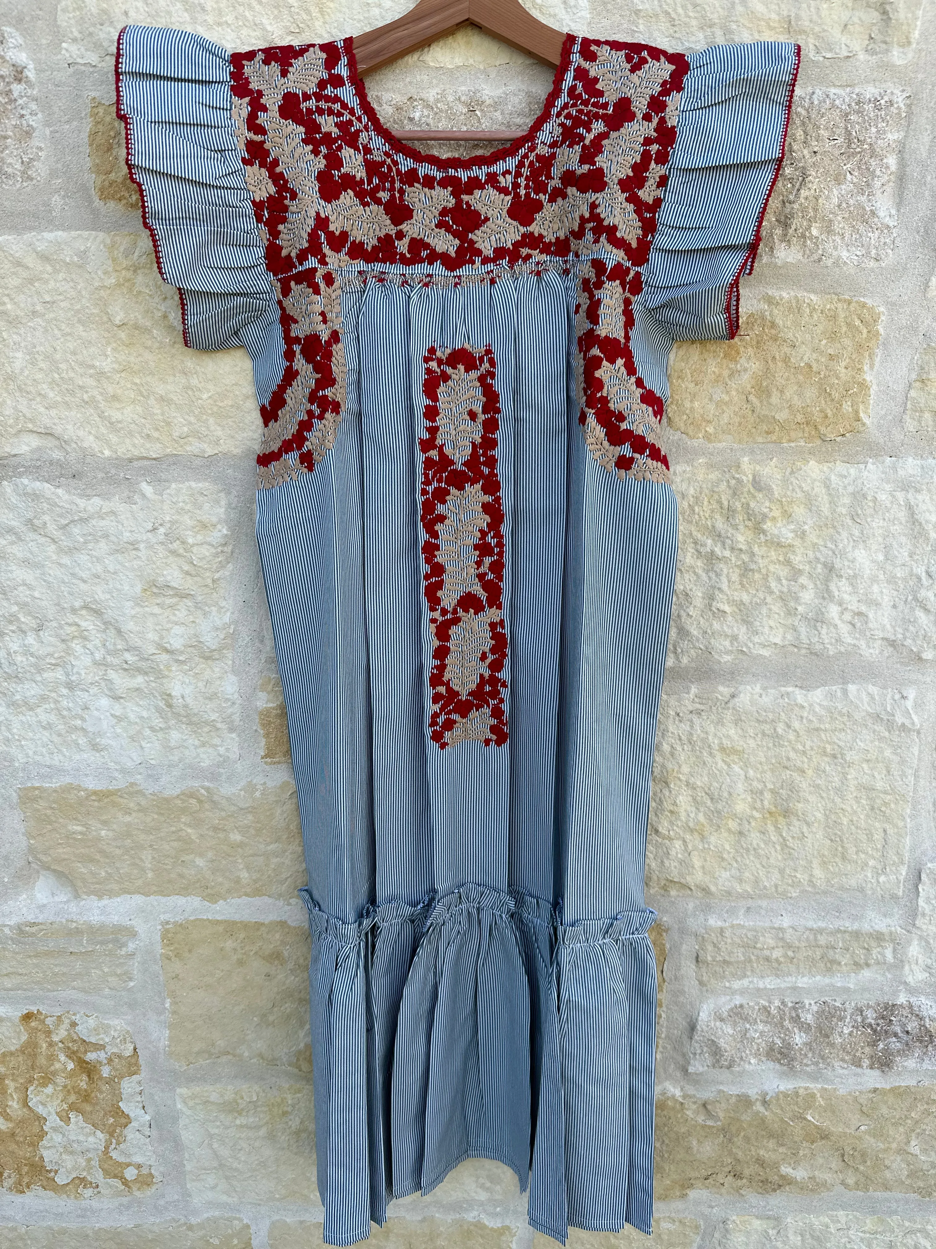 Pinstripe with Red and Tan Embroidery Flutter Sleeve Felicia Dust Ruffle Dress - M