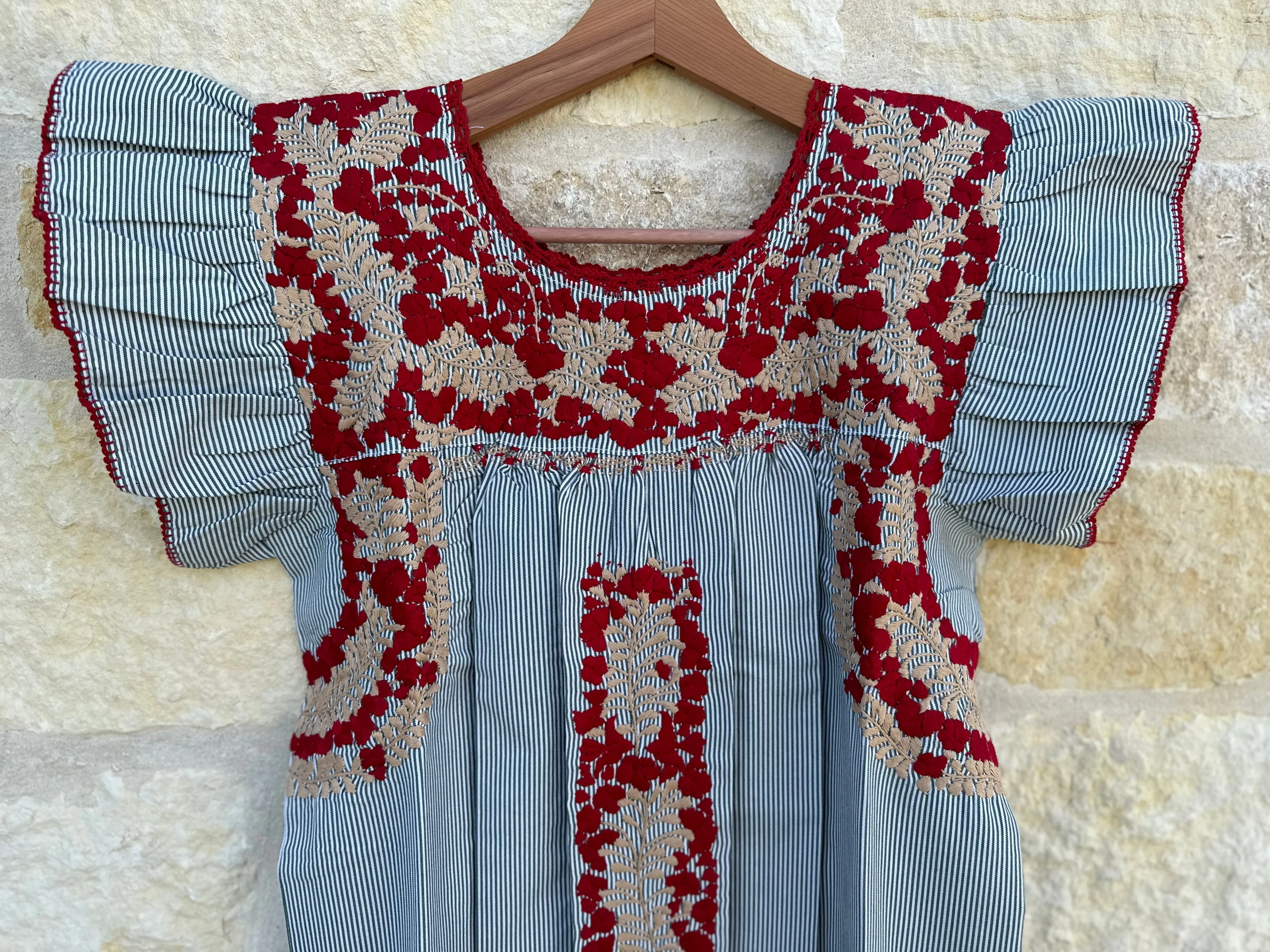 Pinstripe with Red and Tan Embroidery Flutter Sleeve Felicia Dust Ruffle Dress - M