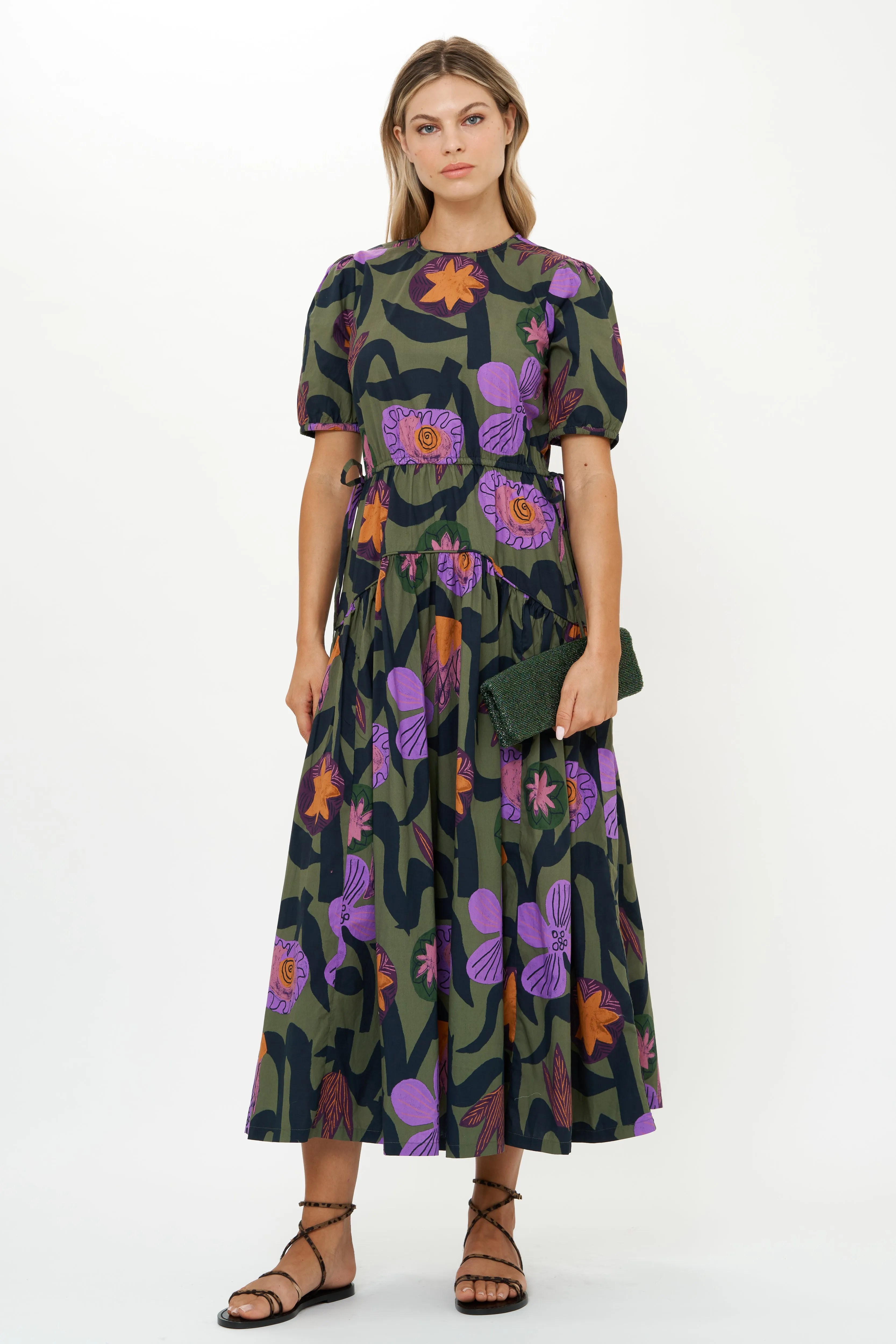 Piped Puff Sleeve Maxi- Bergen Olive