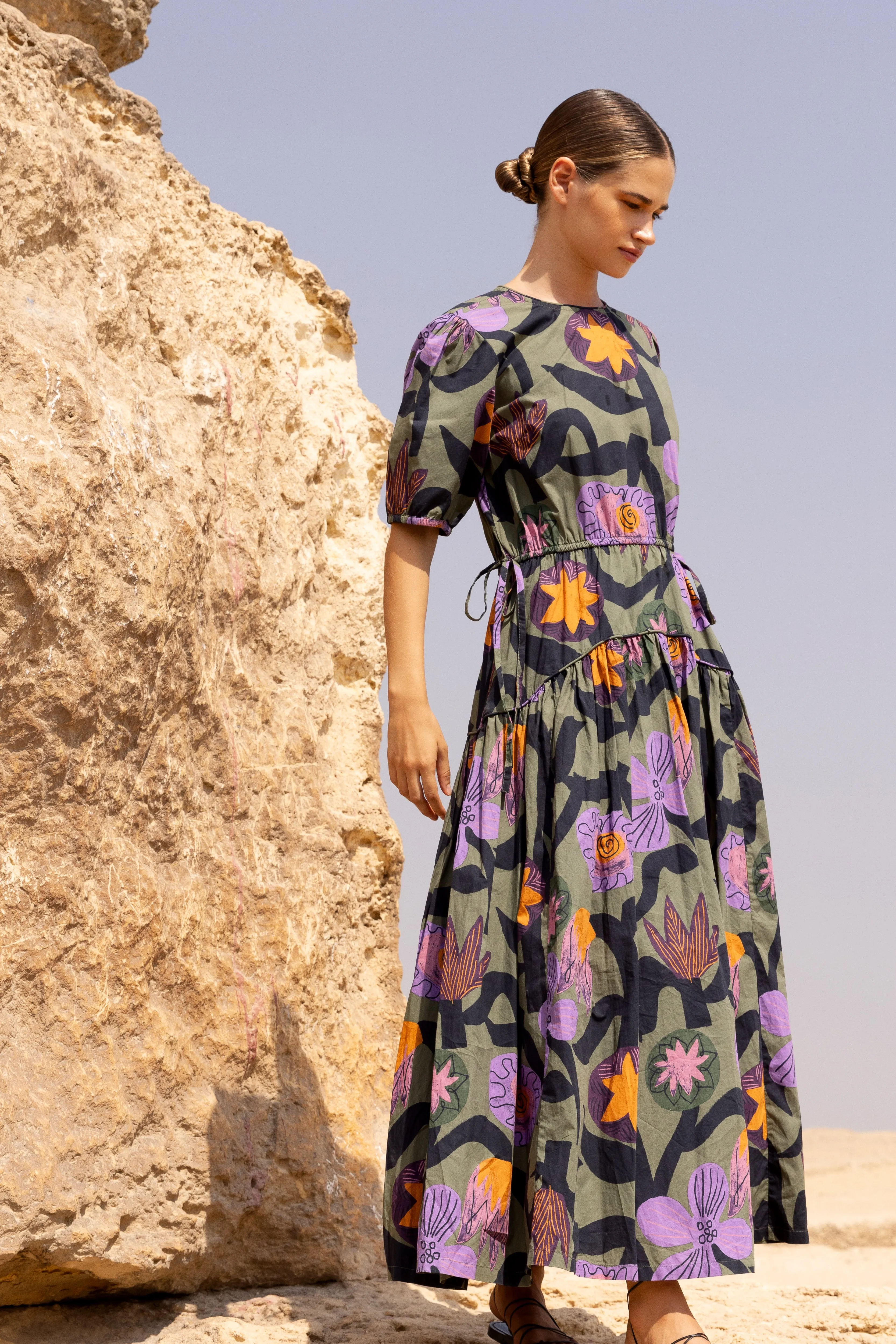 Piped Puff Sleeve Maxi- Bergen Olive