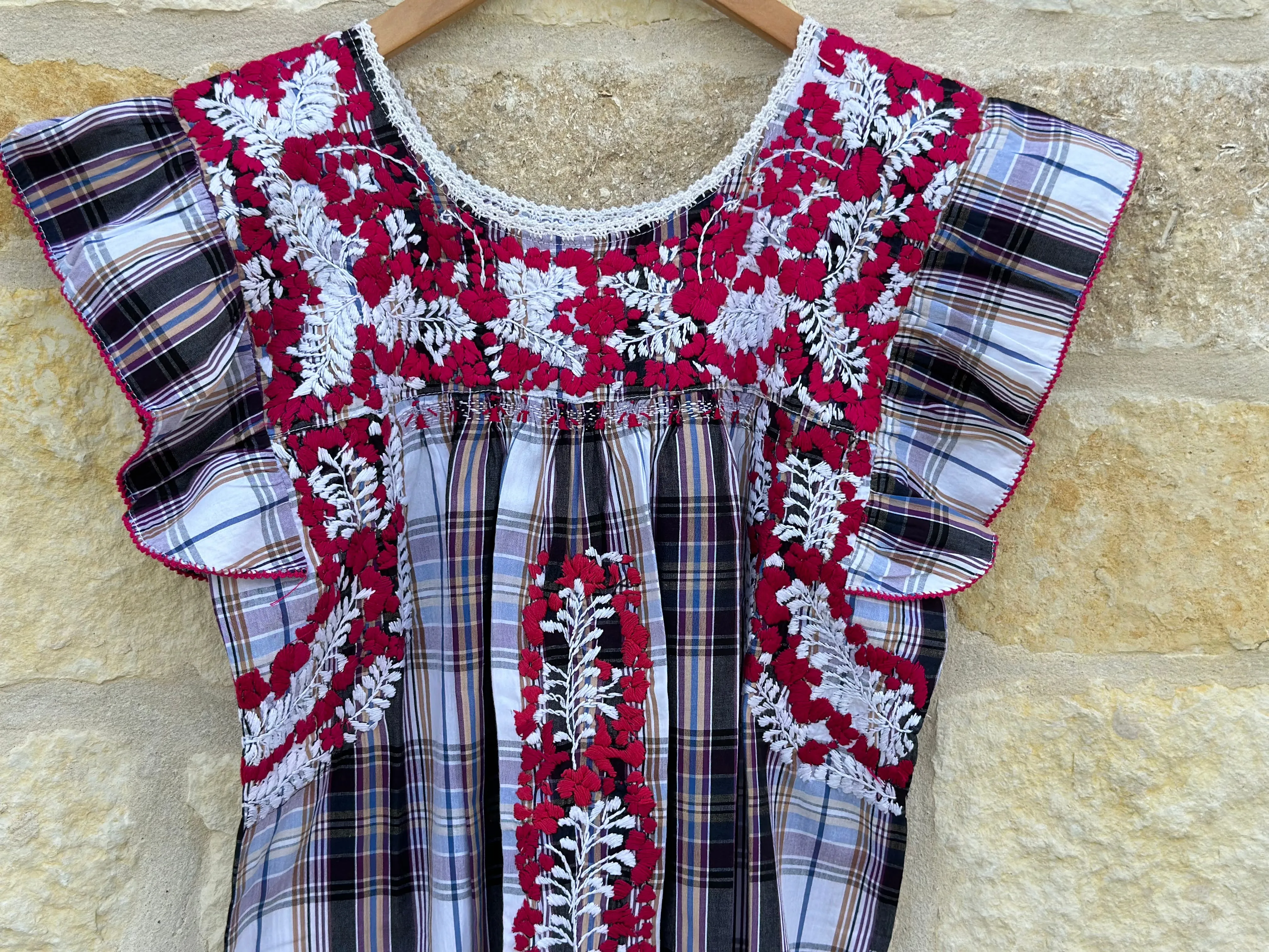 Plaid with White and Magenta Flutter Sleeve Felicia Blouse
