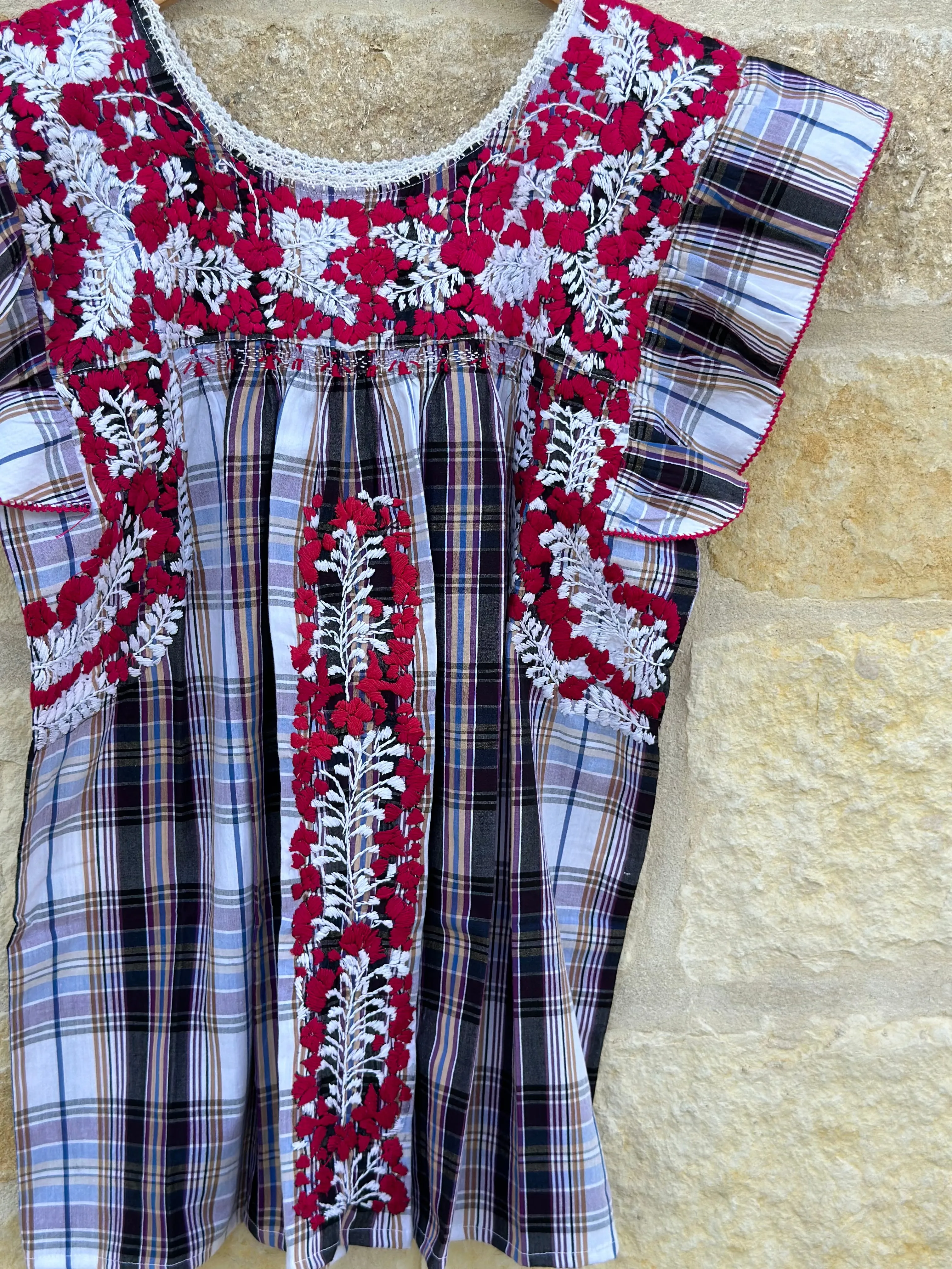Plaid with White and Magenta Flutter Sleeve Felicia Blouse
