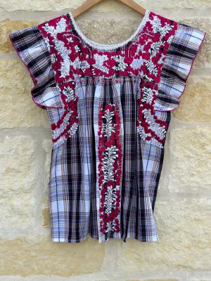 Plaid with White and Magenta Flutter Sleeve Felicia Blouse