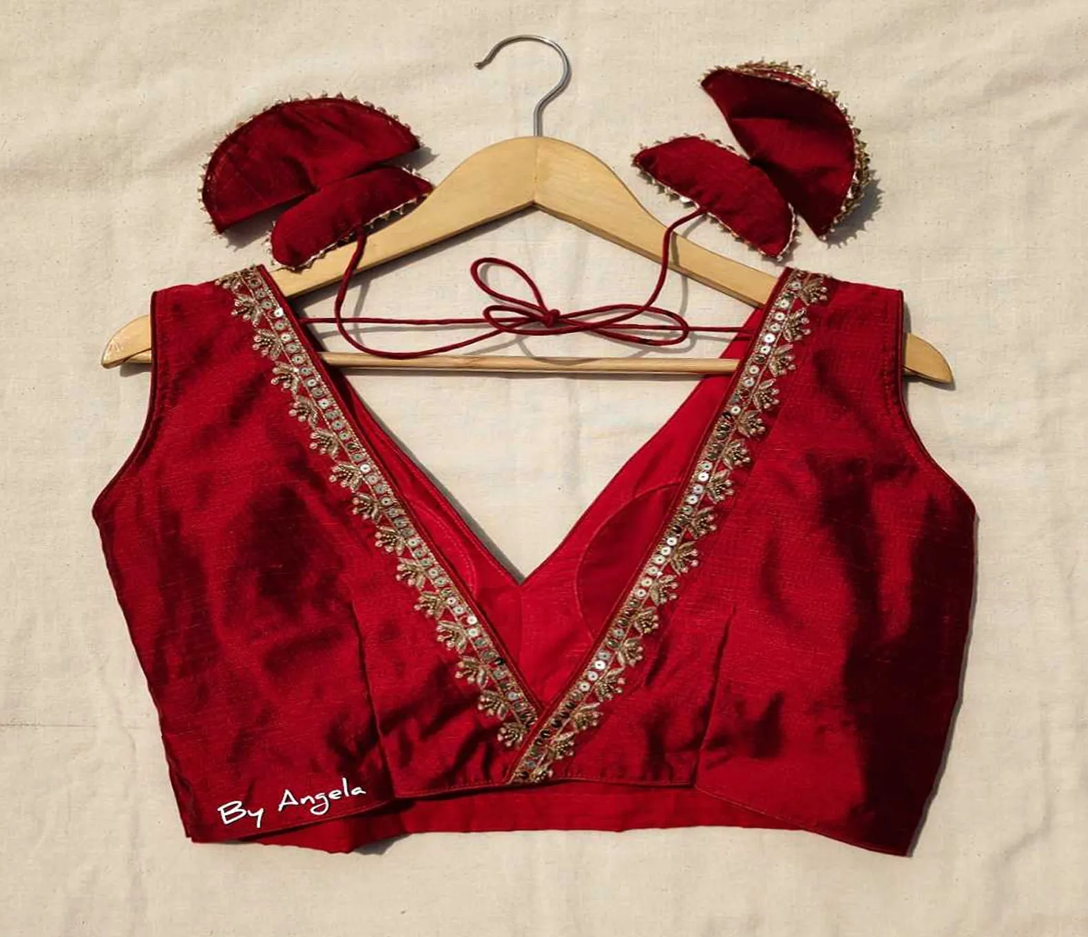 Plunged Neckline Embroidered Blouse - Maroon