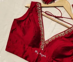 Plunged Neckline Embroidered Blouse - Maroon