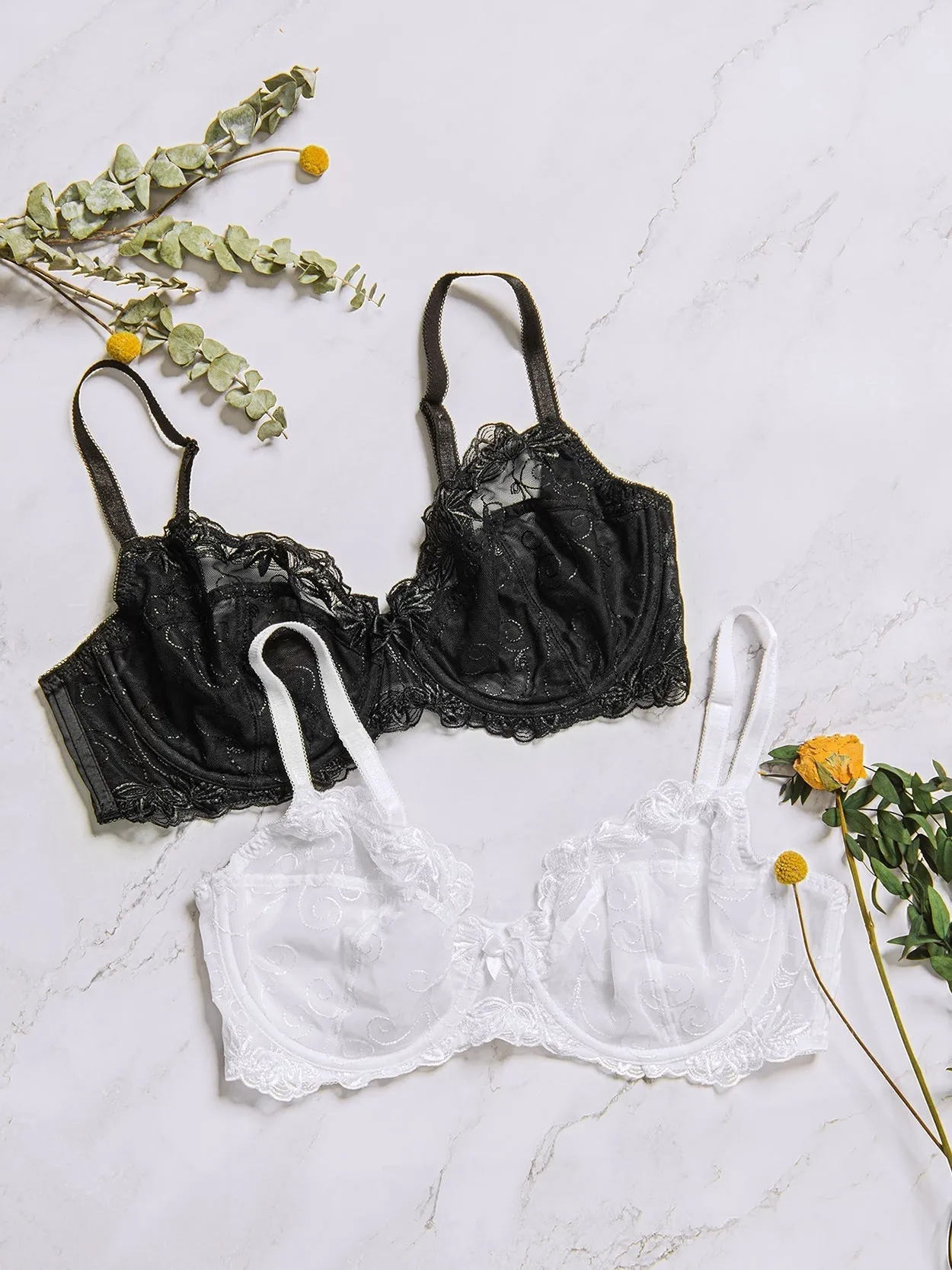 Plus Size See Through Unlined Underwire Lace Bra Black