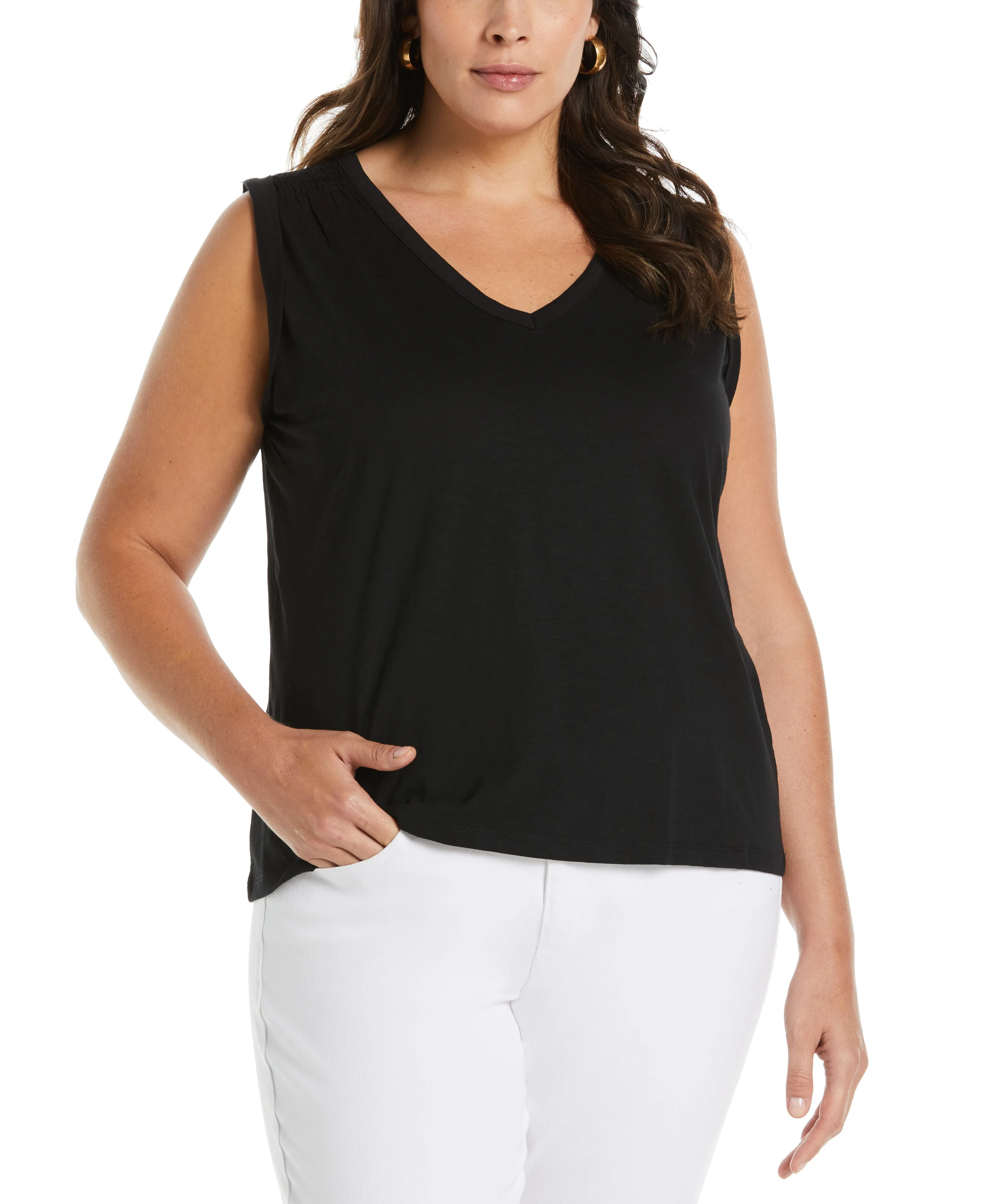 Plus Size Solid Smocked V-neck Top