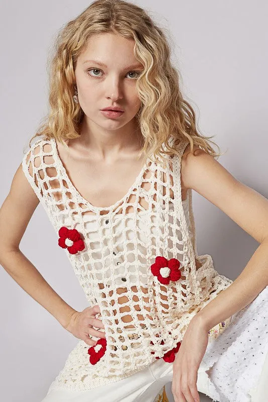 POL Flower Crochet Scoop Neck Sleeveless Knit Cover Up