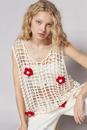 POL Flower Crochet Scoop Neck Sleeveless Knit Cover Up