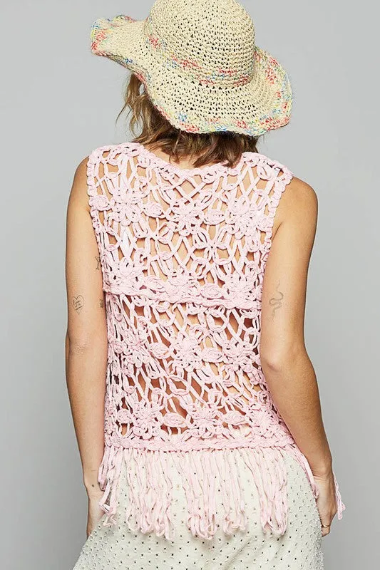 POL Fringe Round Neck Sleeveless Crochet Knit Cover Up