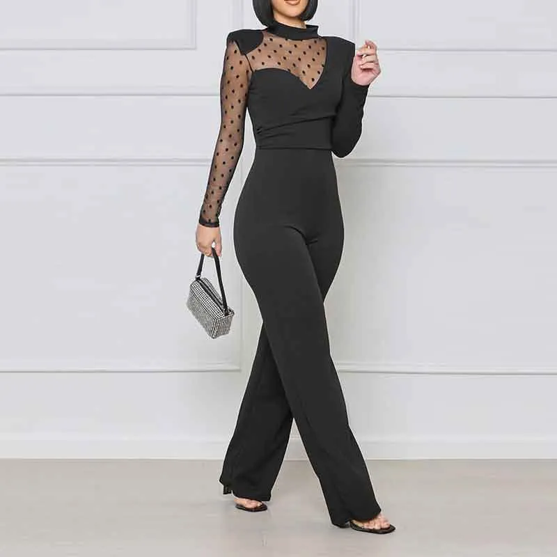 Polka Dot Print Long Sleeve Sheer Mesh Patchwork Jumpsuit