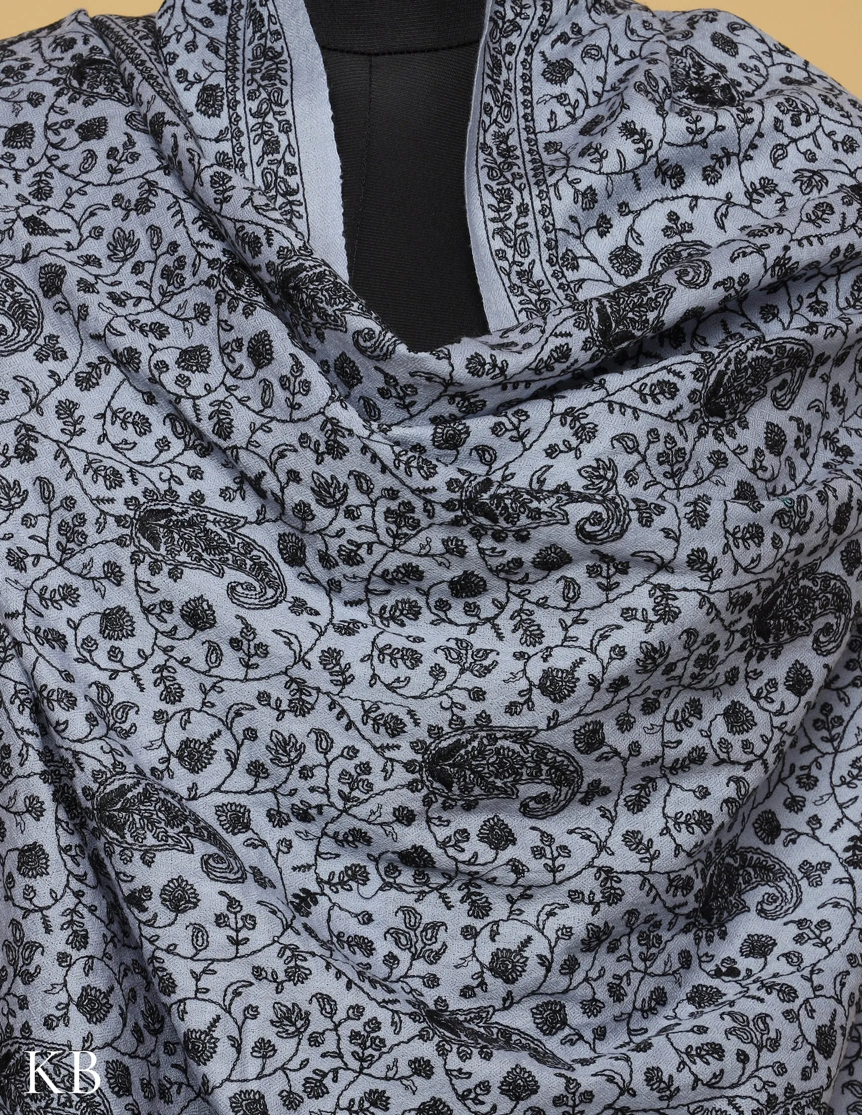 Powder Blue Sozni Jali Embroidered Woolen Shawl