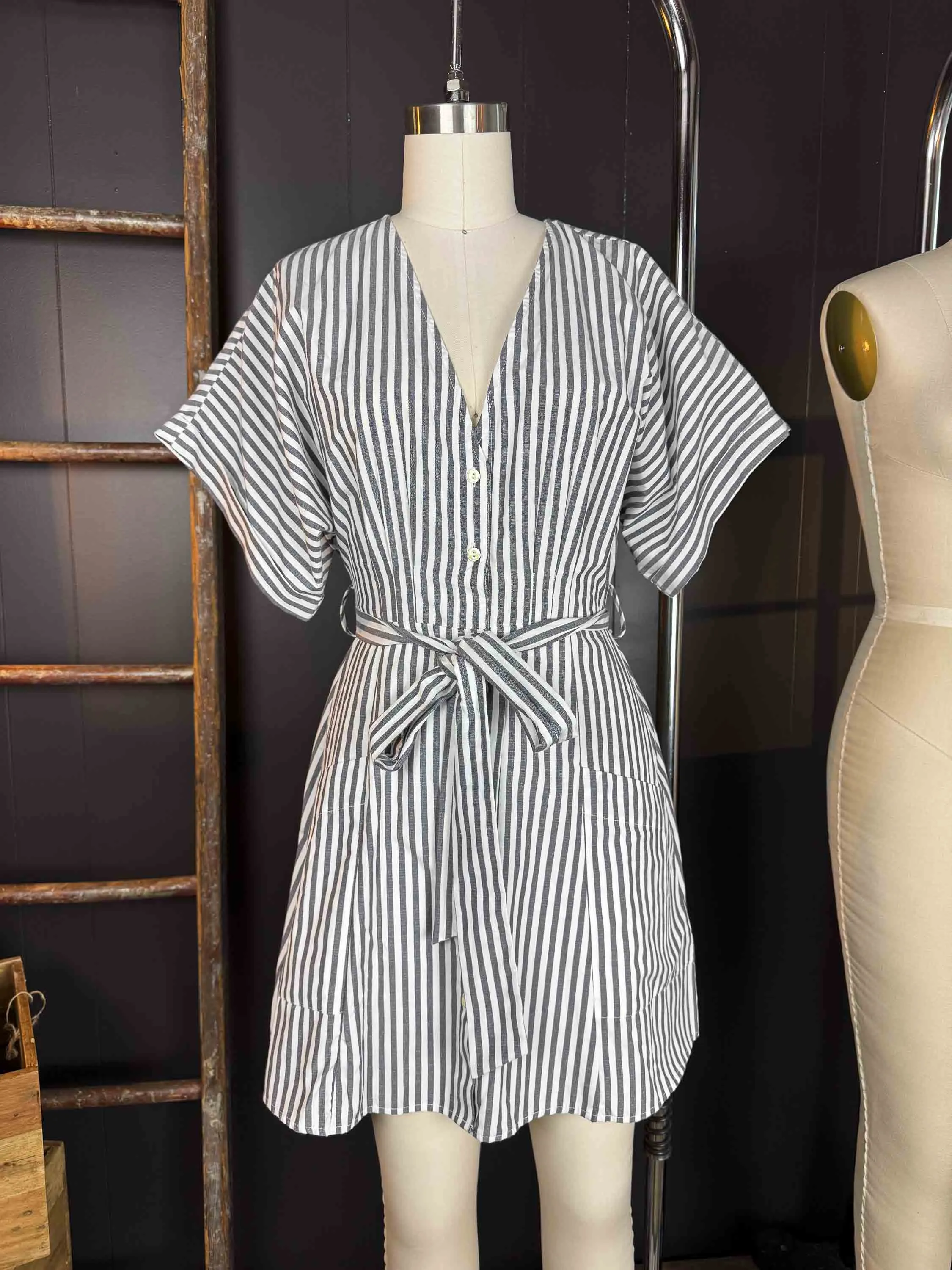 Pre-loved Black and White Striped Poplin Dress - Size XS