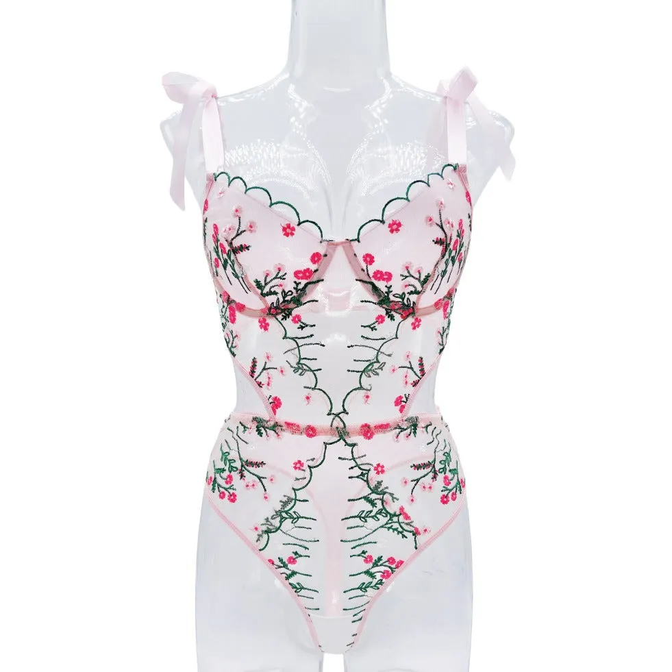 Pretty Floral Embroidered Lingerie Set - Ultra-Thin Sheer Mesh One-Piece