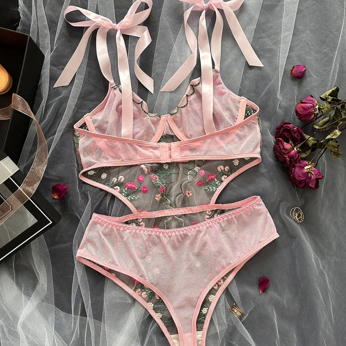 Pretty Floral Embroidered Lingerie Set - Ultra-Thin Sheer Mesh One-Piece
