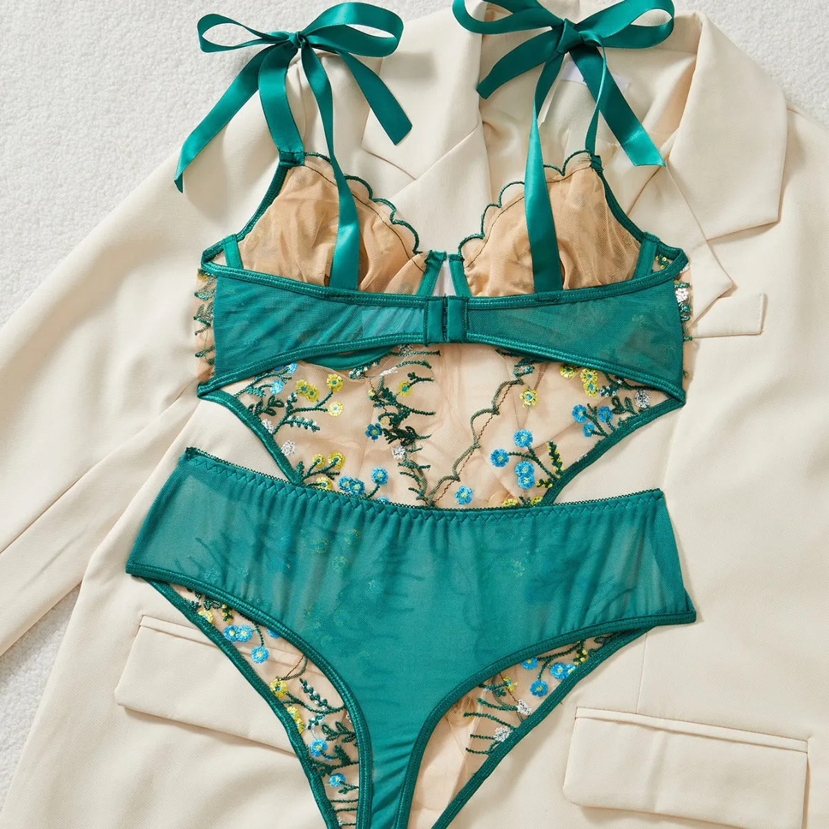 Pretty Floral Embroidered Lingerie Set - Ultra-Thin Sheer Mesh One-Piece
