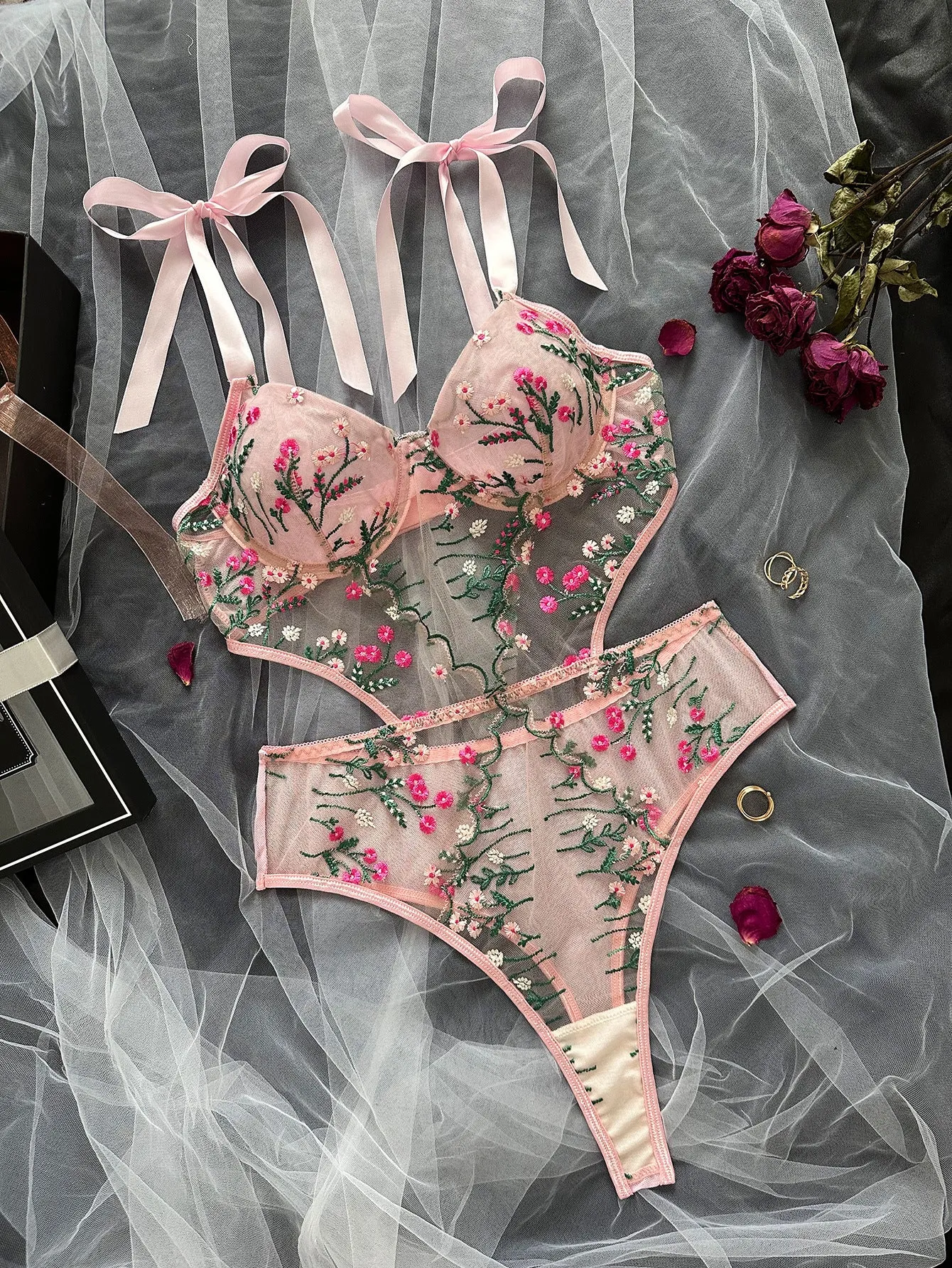 Pretty Floral Embroidered Lingerie Set - Ultra-Thin Sheer Mesh One-Piece