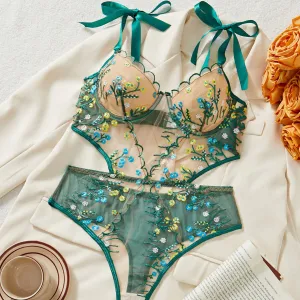 Pretty Floral Embroidered Lingerie Set - Ultra-Thin Sheer Mesh One-Piece