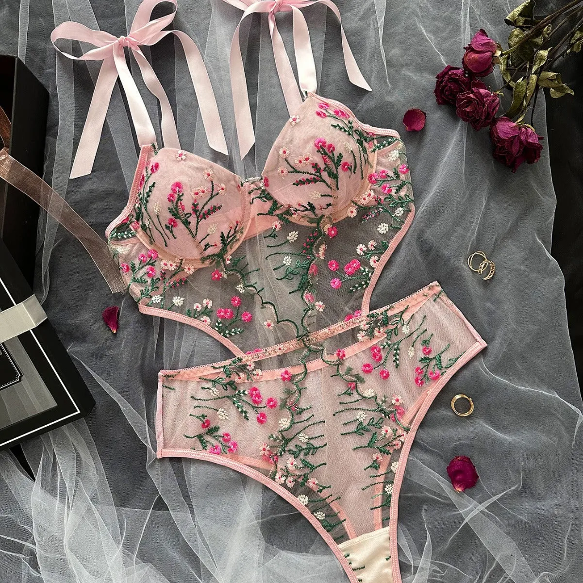 Pretty Floral Embroidered Lingerie Set - Ultra-Thin Sheer Mesh One-Piece