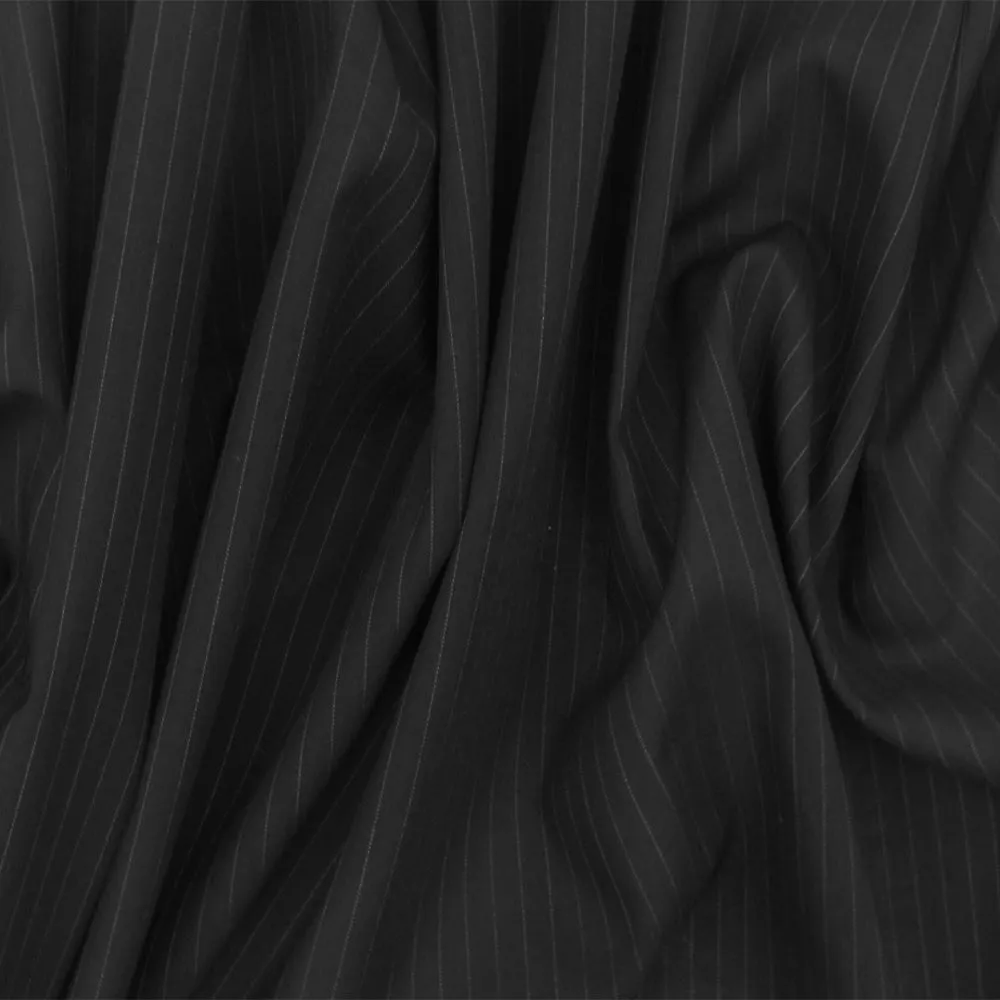 Pure Black-White Stripe-Wool Cotton Woven Shirting Fabric