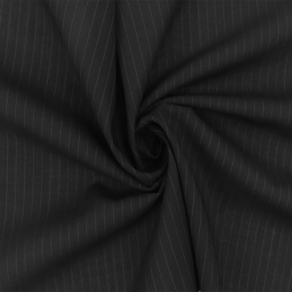 Pure Black-White Stripe-Wool Cotton Woven Shirting Fabric