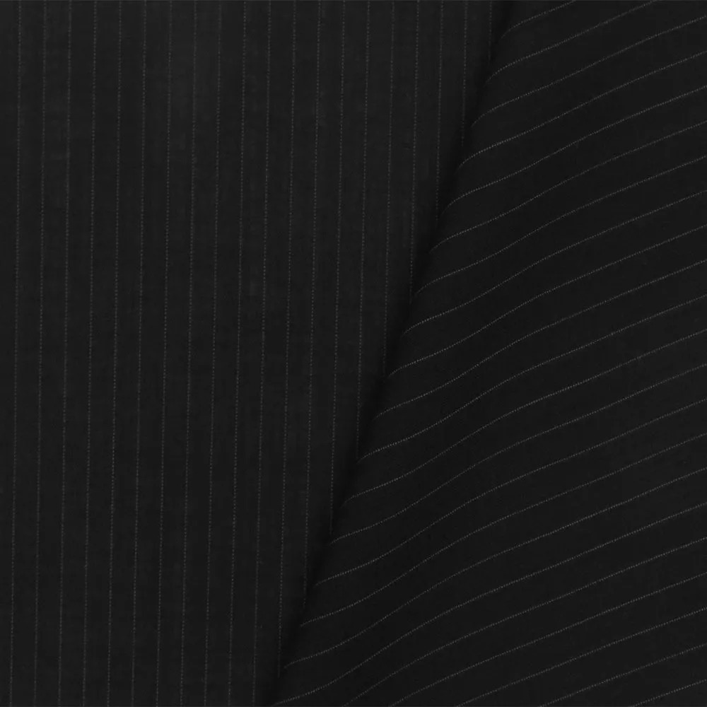Pure Black-White Stripe-Wool Cotton Woven Shirting Fabric