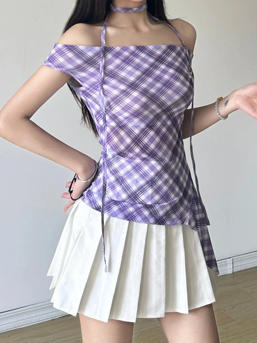 Purple Plaid Strapless Irregular Top
