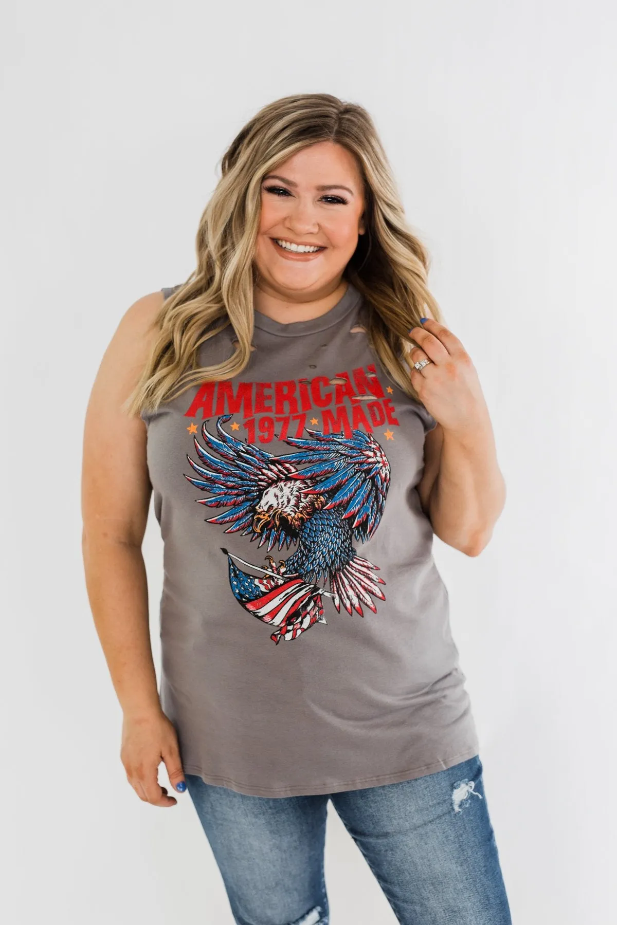 "American Made" Distressed Graphic Tank Top- Charcoal