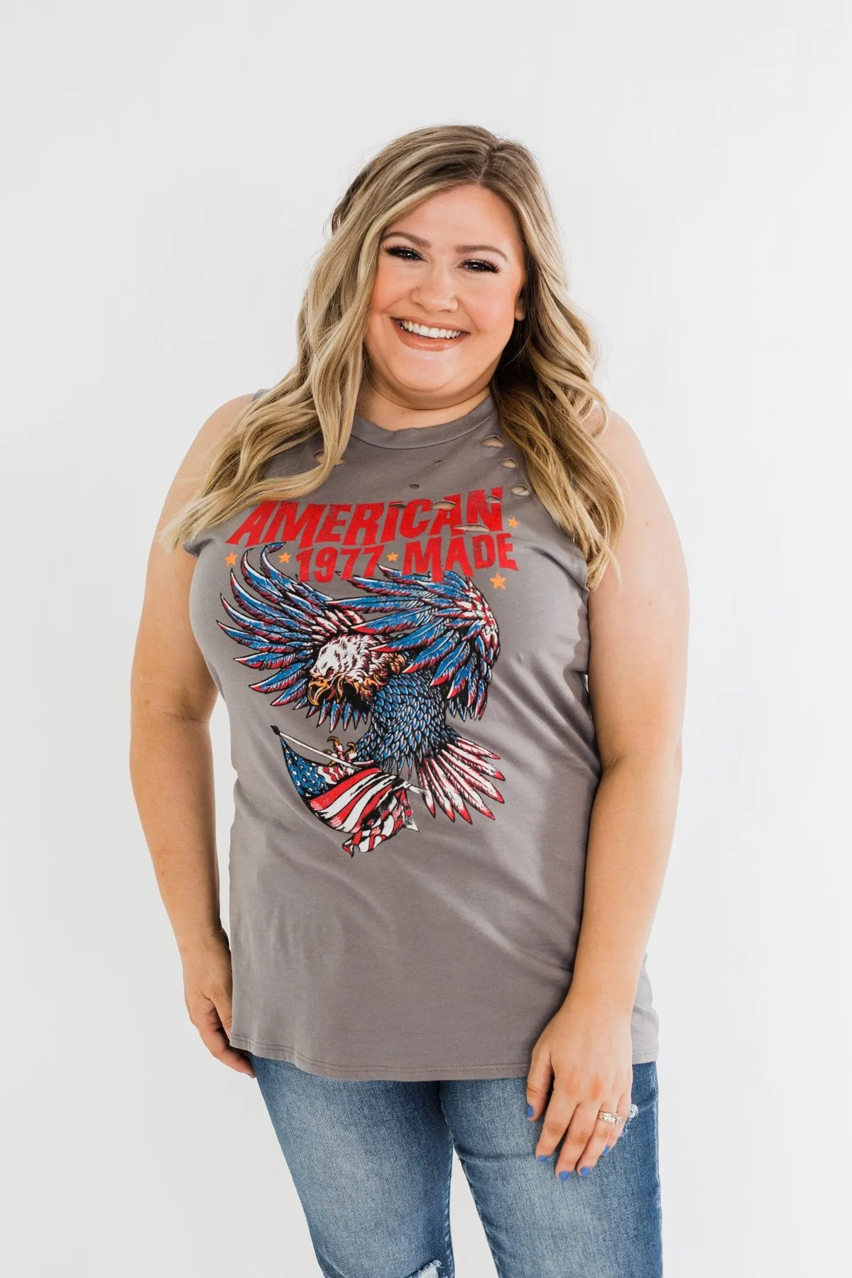 "American Made" Distressed Graphic Tank Top- Charcoal