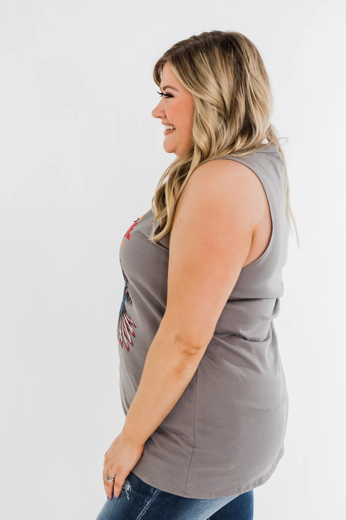 "American Made" Distressed Graphic Tank Top- Charcoal