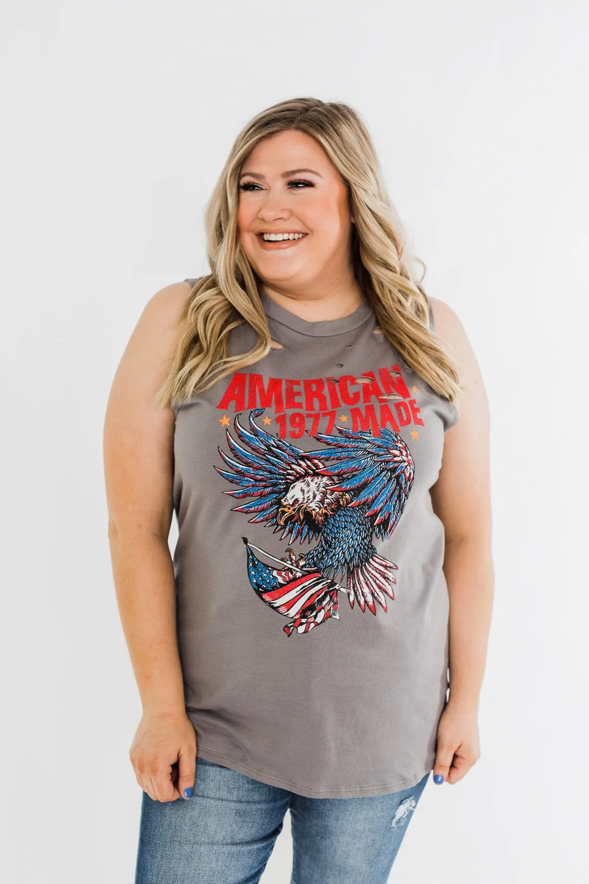 "American Made" Distressed Graphic Tank Top- Charcoal