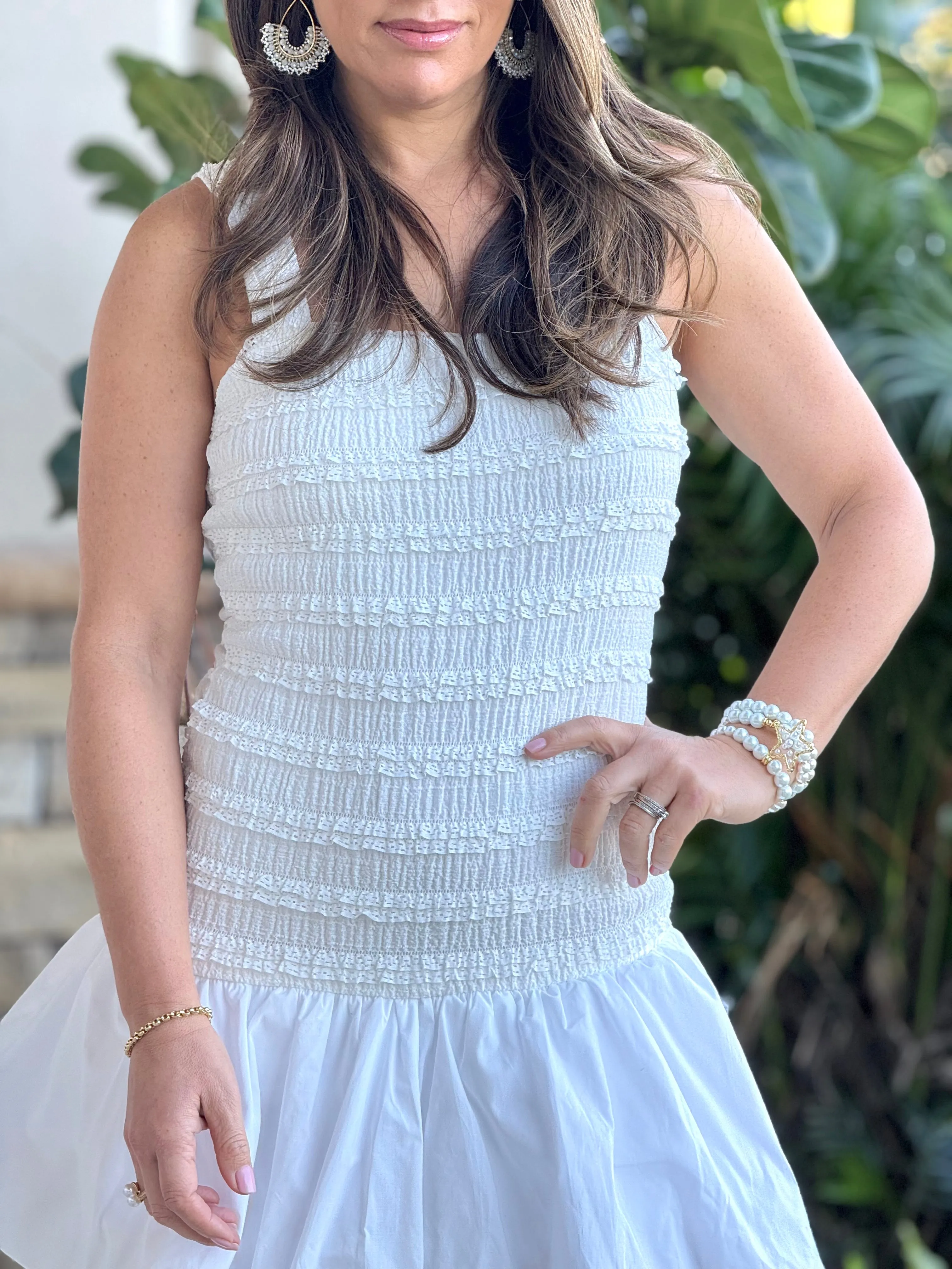 "Mola" Sleeveless Tiered Lace Bodice Poplin Bubble Hem Mini Dress.
