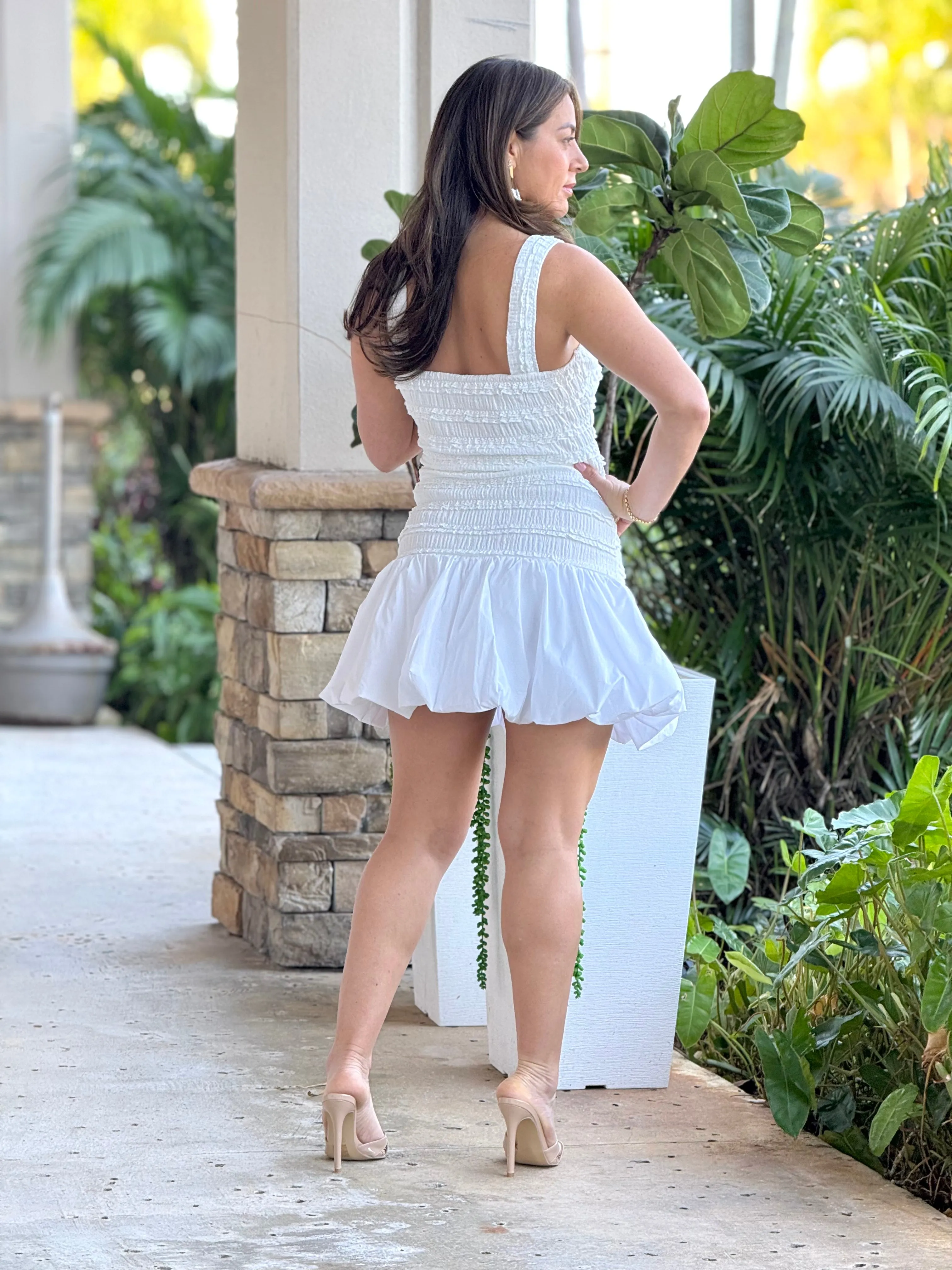"Mola" Sleeveless Tiered Lace Bodice Poplin Bubble Hem Mini Dress.