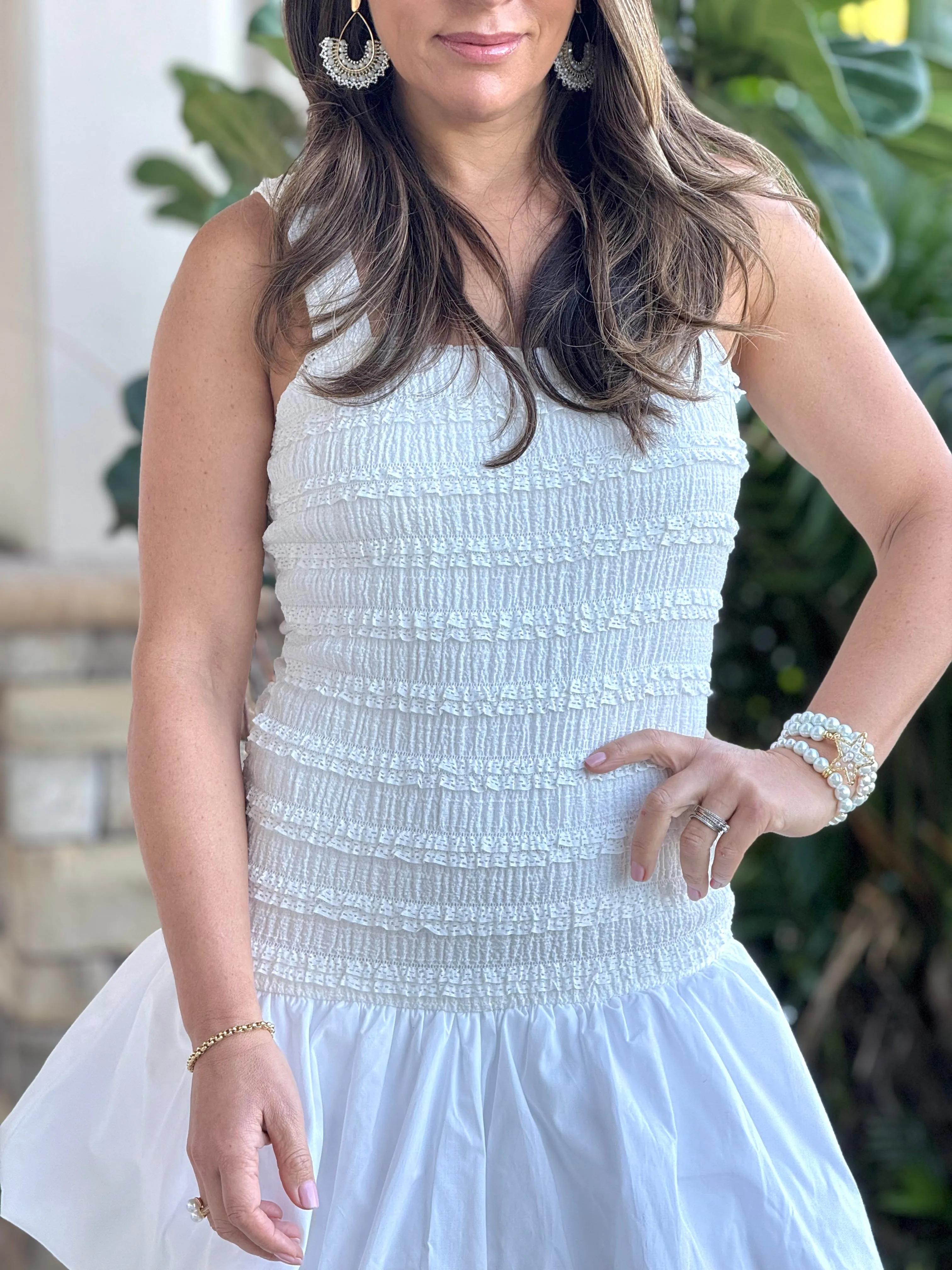 "Mola" Sleeveless Tiered Lace Bodice Poplin Bubble Hem Mini Dress.