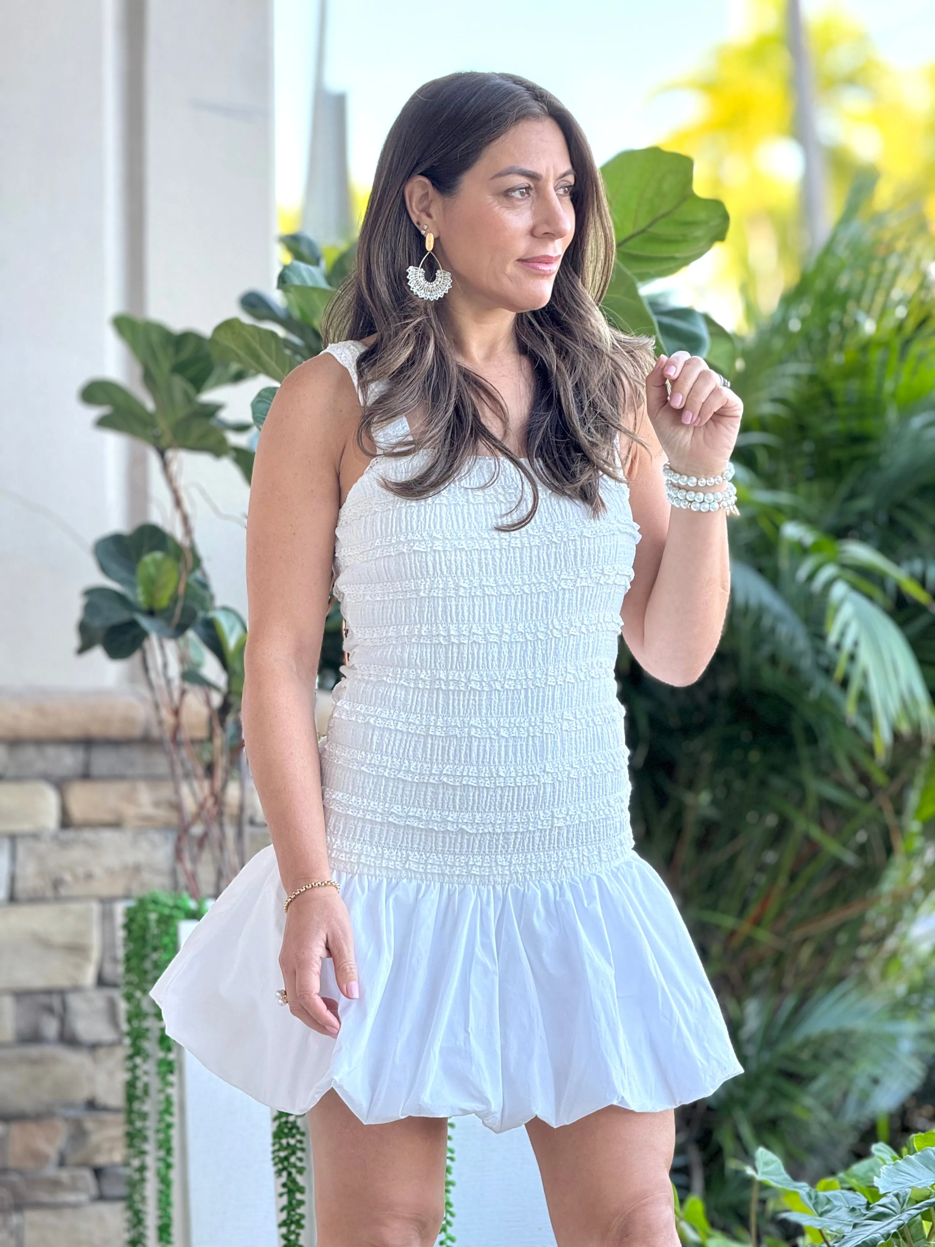 "Mola" Sleeveless Tiered Lace Bodice Poplin Bubble Hem Mini Dress.