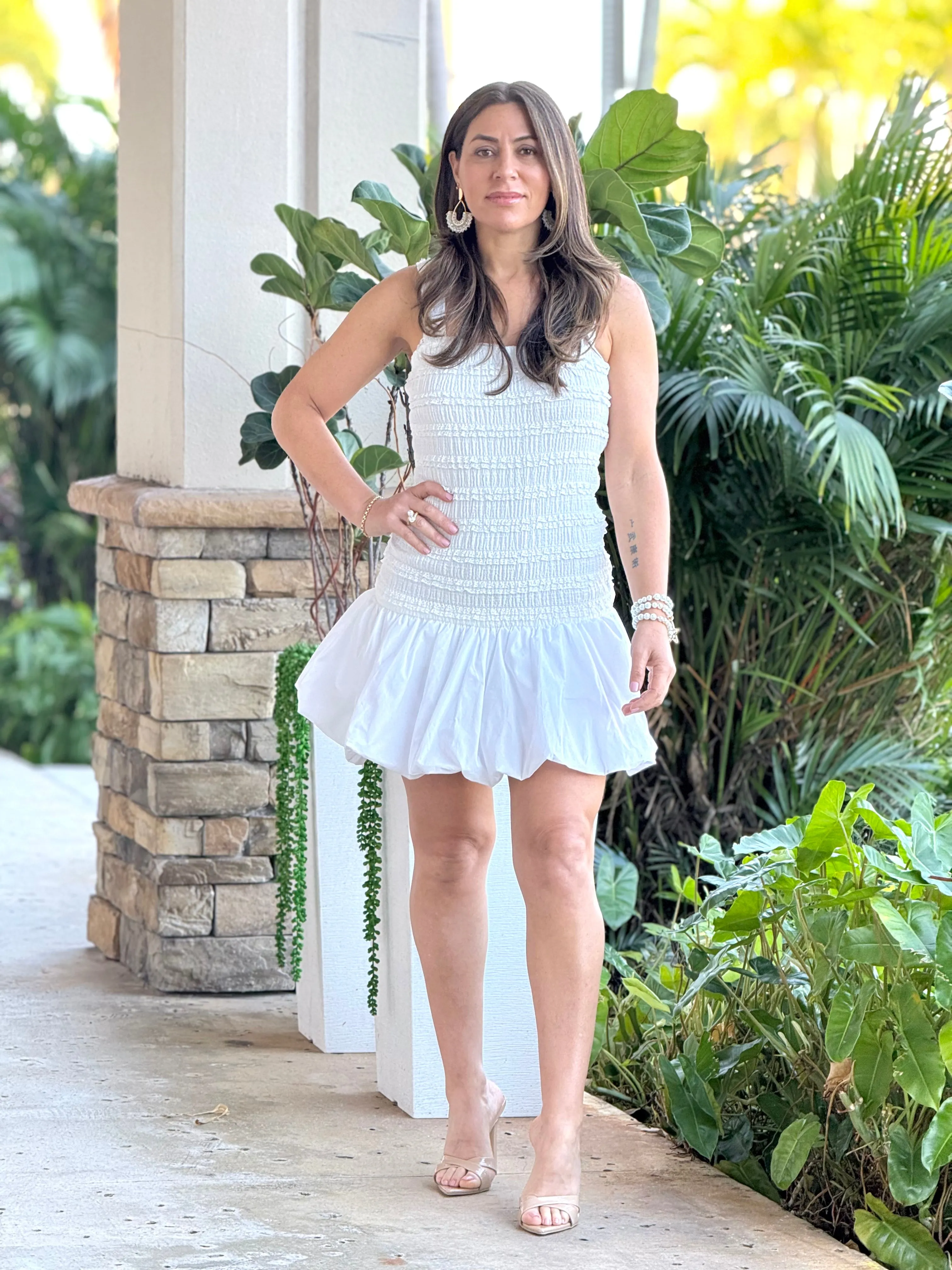 "Mola" Sleeveless Tiered Lace Bodice Poplin Bubble Hem Mini Dress.