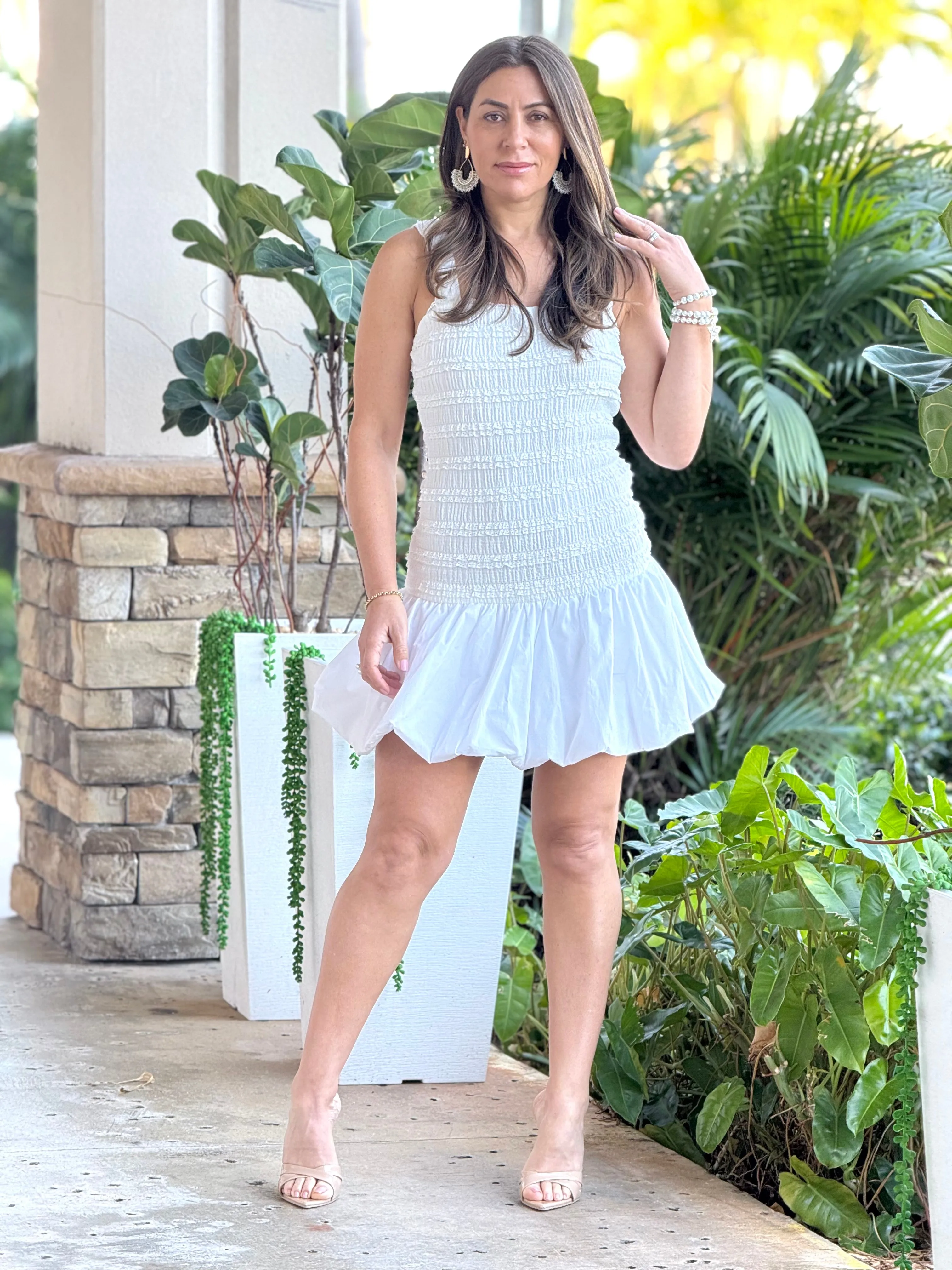 "Mola" Sleeveless Tiered Lace Bodice Poplin Bubble Hem Mini Dress.