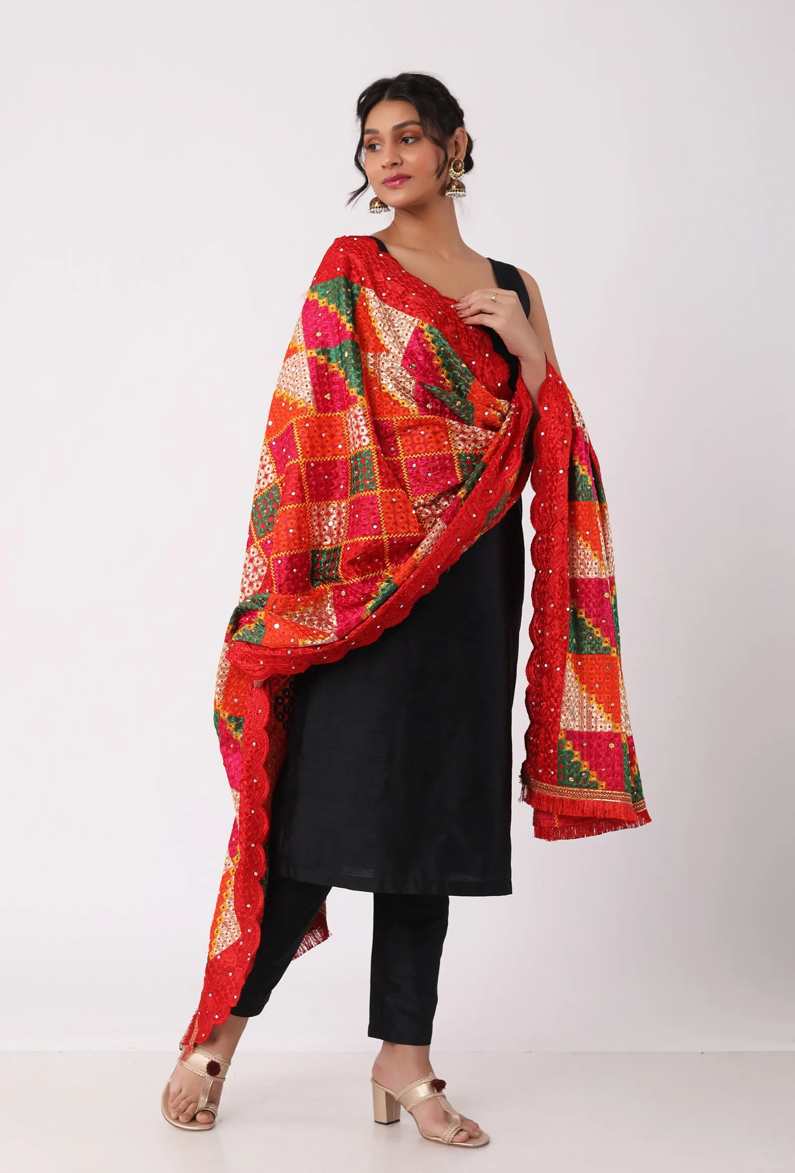 Red allover embriodred phoolkari dupatta