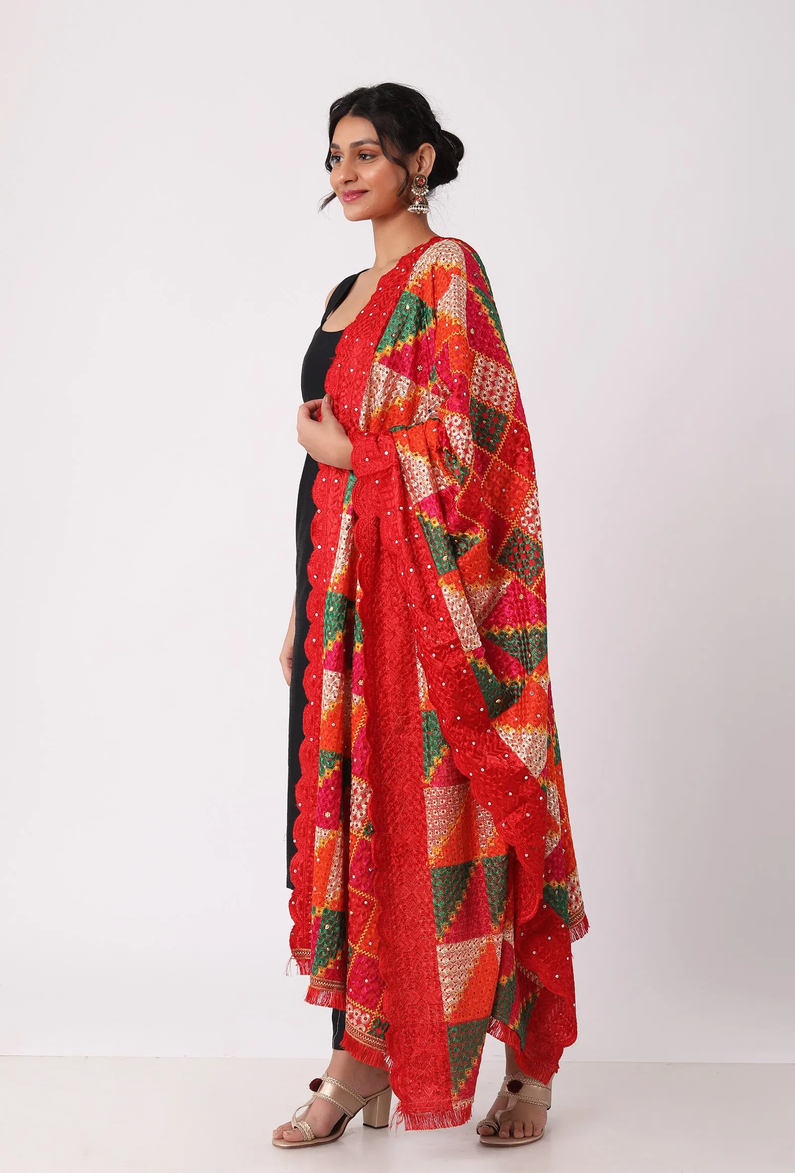 Red allover embriodred phoolkari dupatta