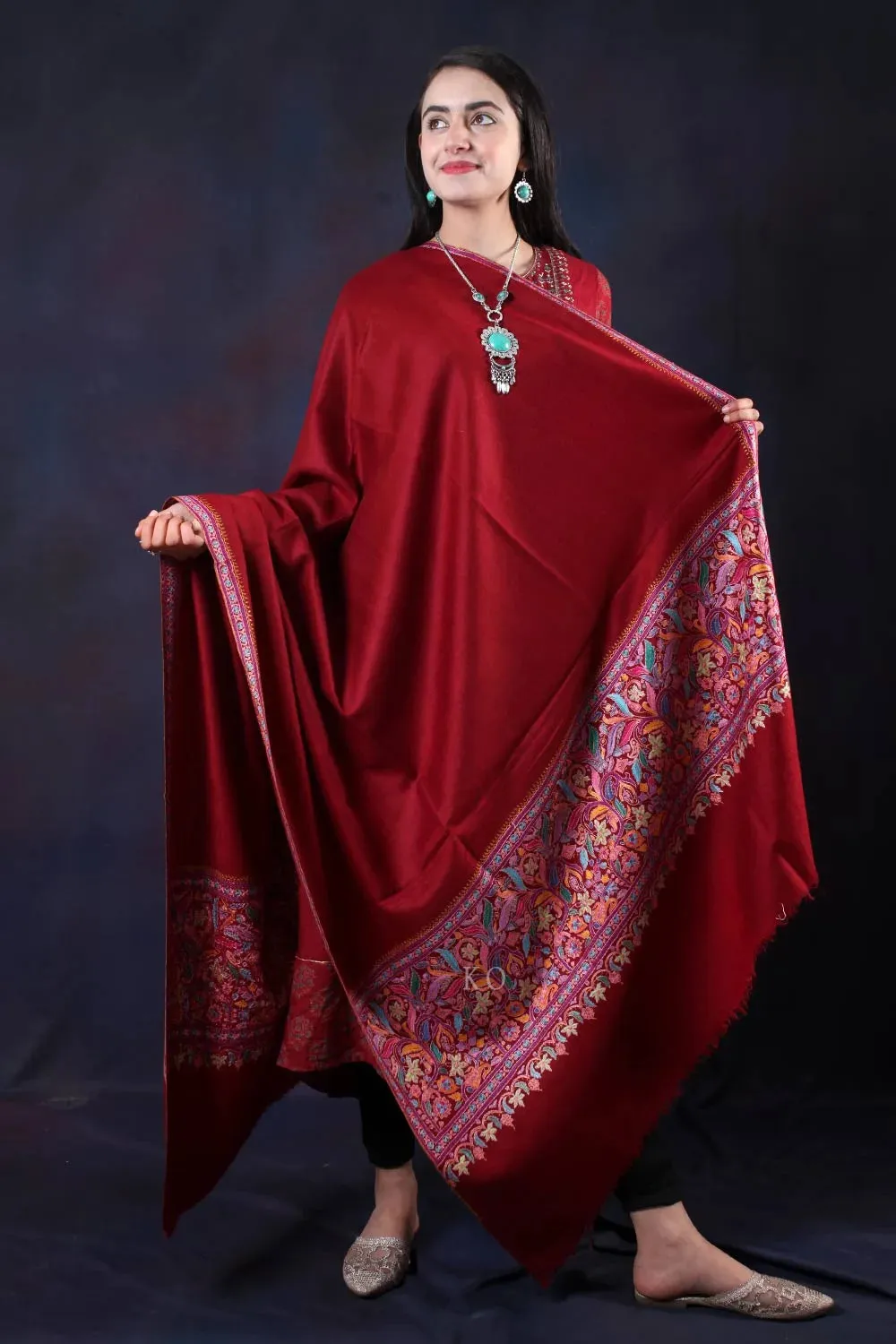 Red Base  Sozni Embroidered Handwoven Pashmina Shawl