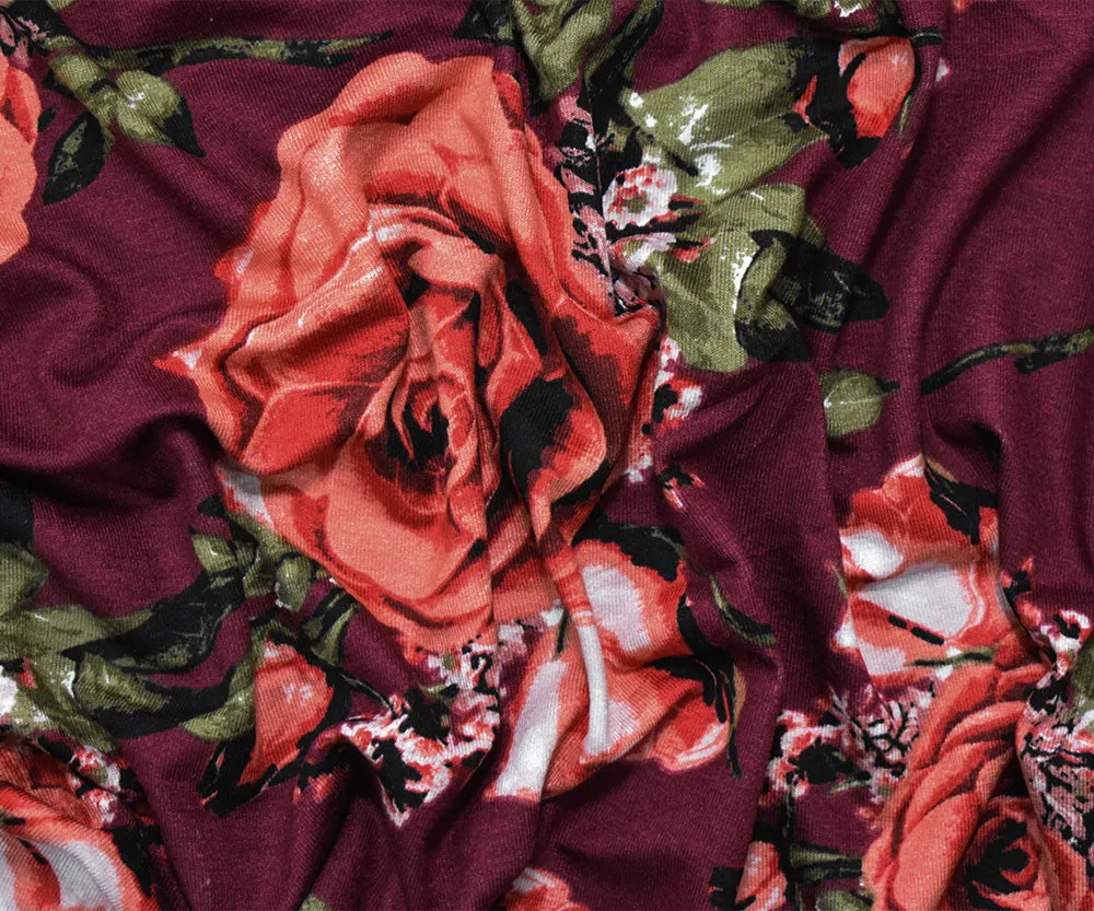 Red-Coral-Multi Cotton Floral Printed Stretch Spandex Jersey Knit Fabric