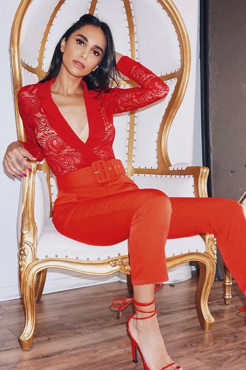 Red Sheer Lace Plunge Long Sleeve Bodysuit - Janica
