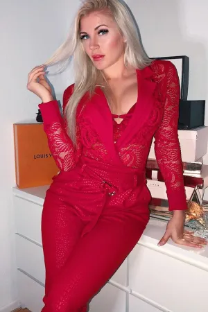 Red Sheer Lace Plunge Long Sleeve Bodysuit - Janica